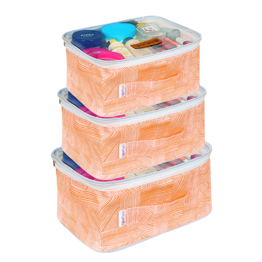 PrettyKrafts 3-Piece Travel Toiletry Bag Set - Waterproof Makeup & Cosmetics Organizer with Jewelry Pouch, Jute Orange - Perfect for Vacation, Business Trips & Gym Essentials Storage