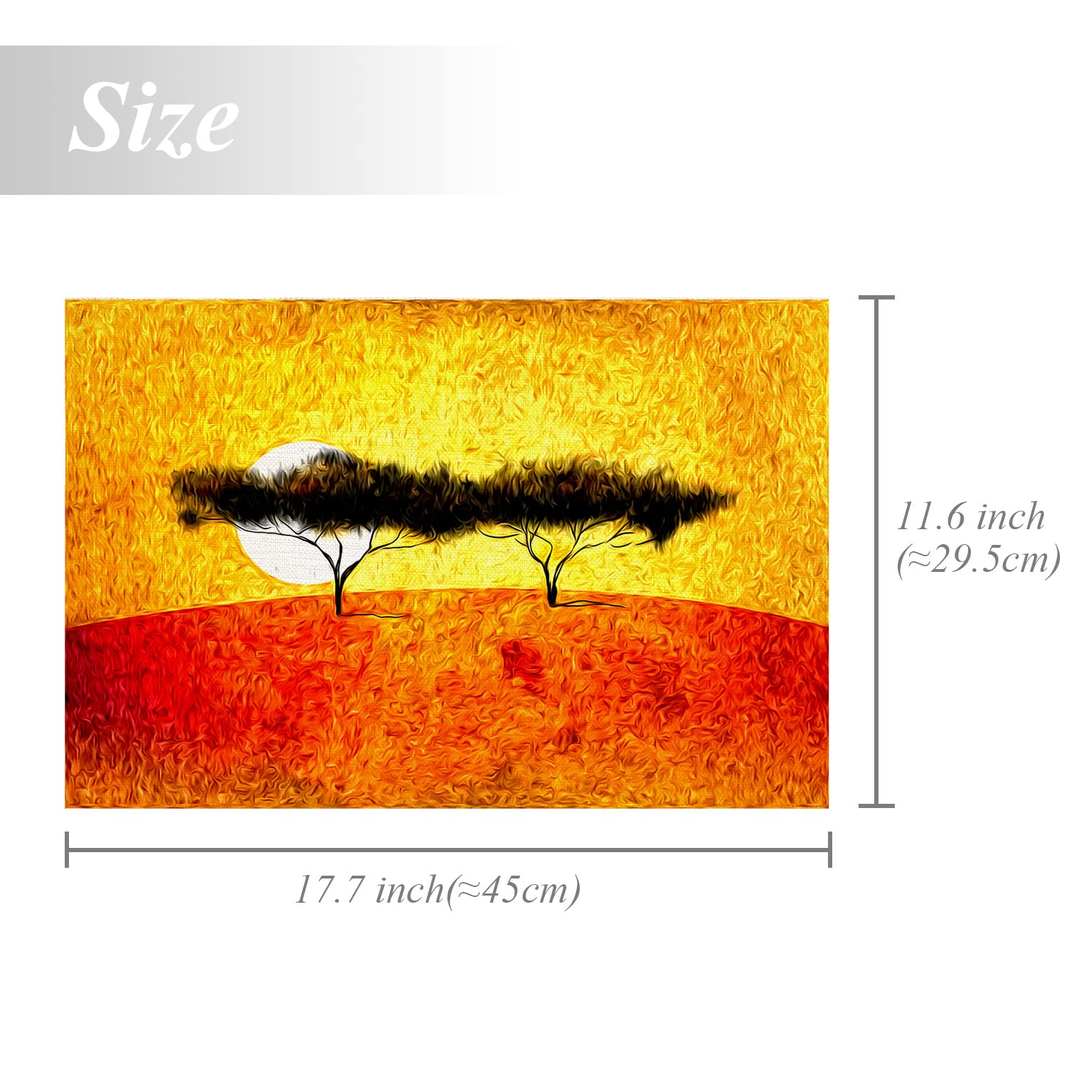 Shrahala Yellow & Orange African Ethnic Oil Tree Painting Placemats - Set of 4 Washable Linen Burlap Table Mats (12x16 Inch) for Dining & Kitchen - Double-Layer Heat Insulation for Hot Dishes & Stylish Home Decor