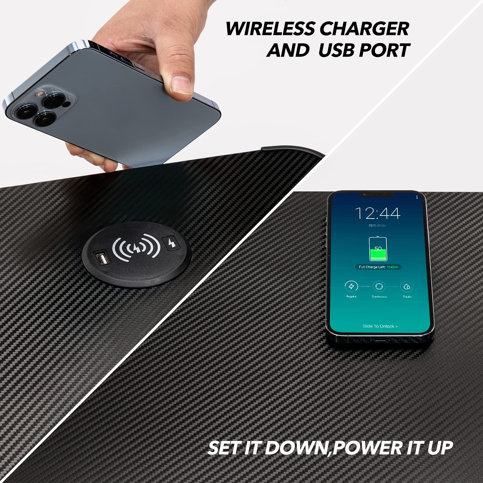 S*MAX 47 Inch Gaming Desk with LED RGB Lights, Carbon Fiber Finish, Wireless Charging & USB Ports - Z-Shaped Computer Desk for Home Office, Cup Holder & Headphone Hook - Perfect for PC Gaming, Streaming & Work Setup