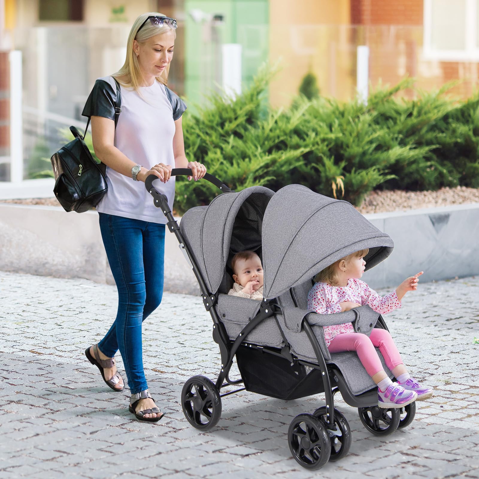 HONEY JOY Double Stroller - Lightweight Foldable Tandem Twin Stroller for Newborns & Toddlers with 5-Point Safety Harness, Reclining Seats & Storage Basket | Perfect for Twins, Siblings or Daycare Use (Gray)
