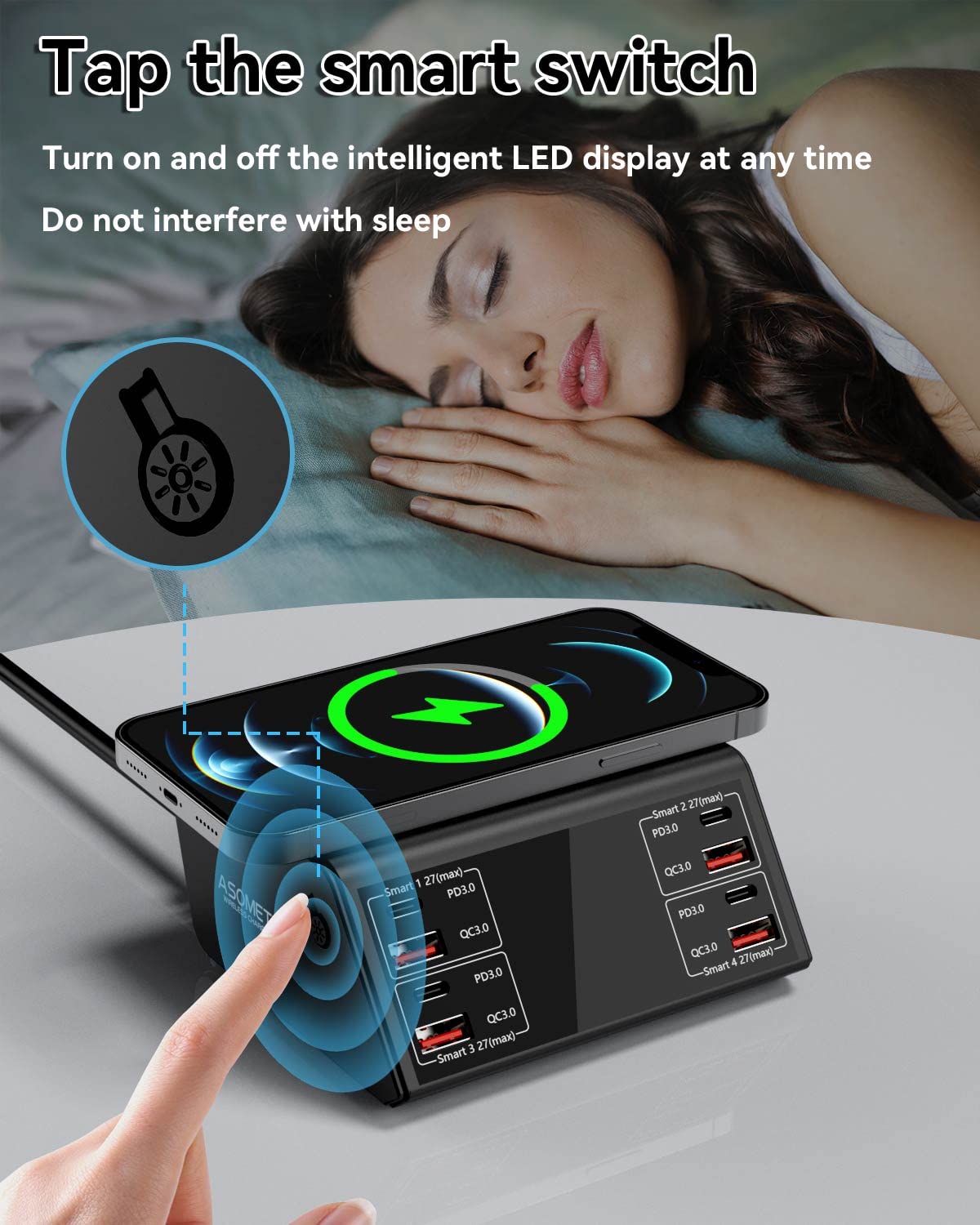 ASOMETECH 100W 8-Port USB Charging Station with 4 QC 3.0 & 4 USB-C PD Ports - Fast Wireless Charger Hub with LCD Display for iPhone 13/12, iPad, Samsung Galaxy - Perfect for Home, Office, Travel & Multi-Device Charging