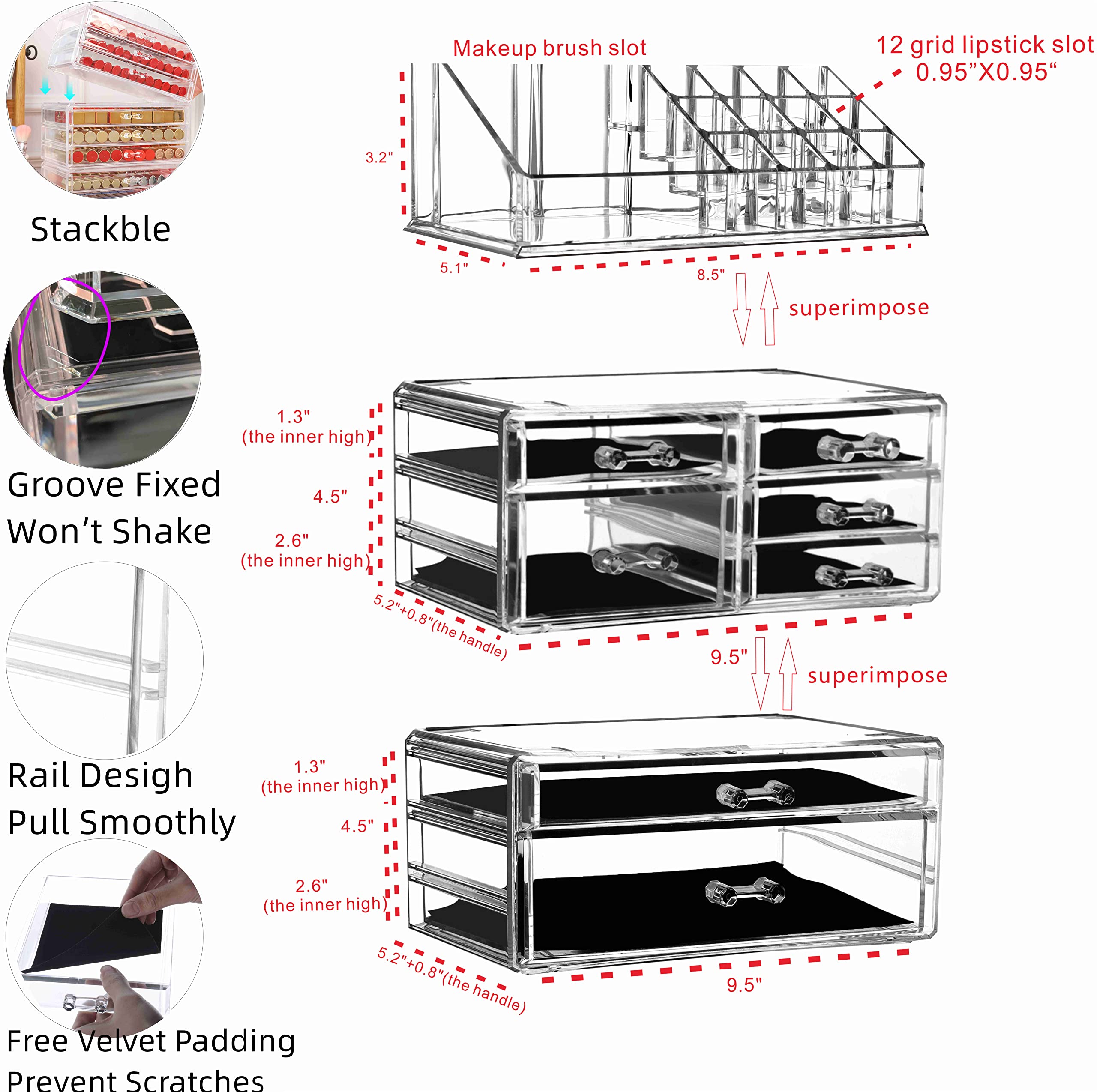 3-Pack Clear Acrylic Skincare Organizer with 7 Stackable Drawers - Vanity Makeup & Jewelry Storage for Hair Clips, Beauty Products, Cosmetics - Perfect for Bedroom, Bathroom & Dressing Table Organization