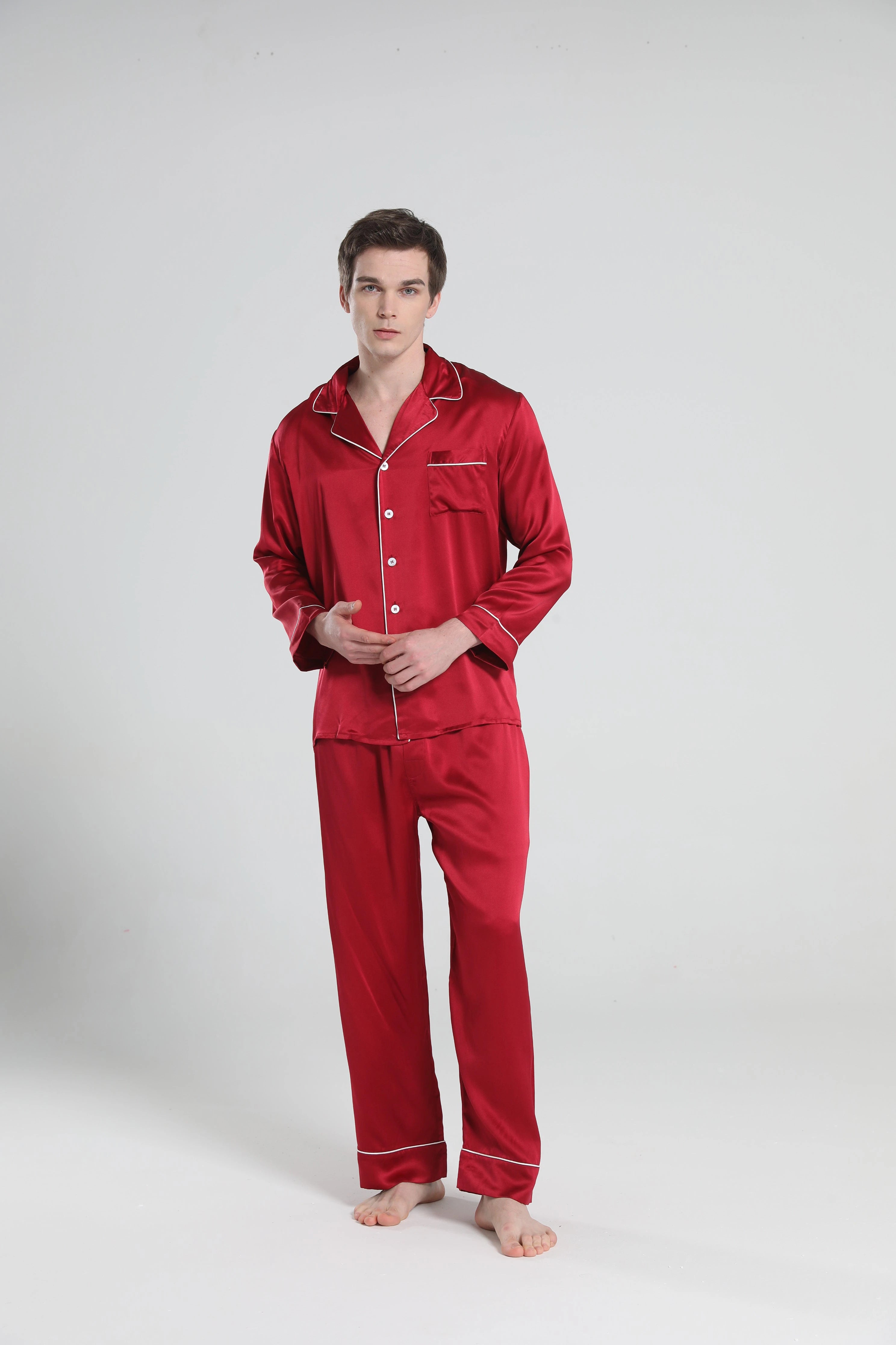Premium Men's Silk Pajama Set with Lapel Collar - Soft & Breathable Sleepwear for Lounge & Travel - Perfect for Home Relaxation & Hotel Stays