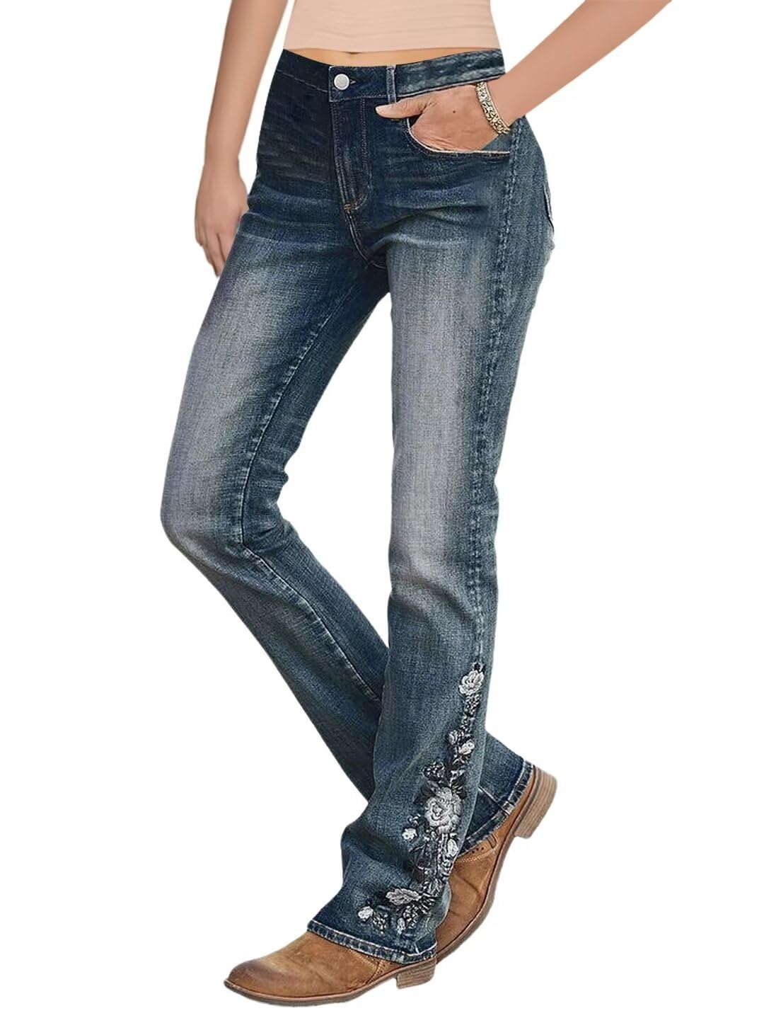 Flamingals Women's Floral Embroidery Bootcut Jeans - Mid Waist High Stretch Denim Pants with Pockets | Casual Wear, Office Outfits & Date Night Fashion