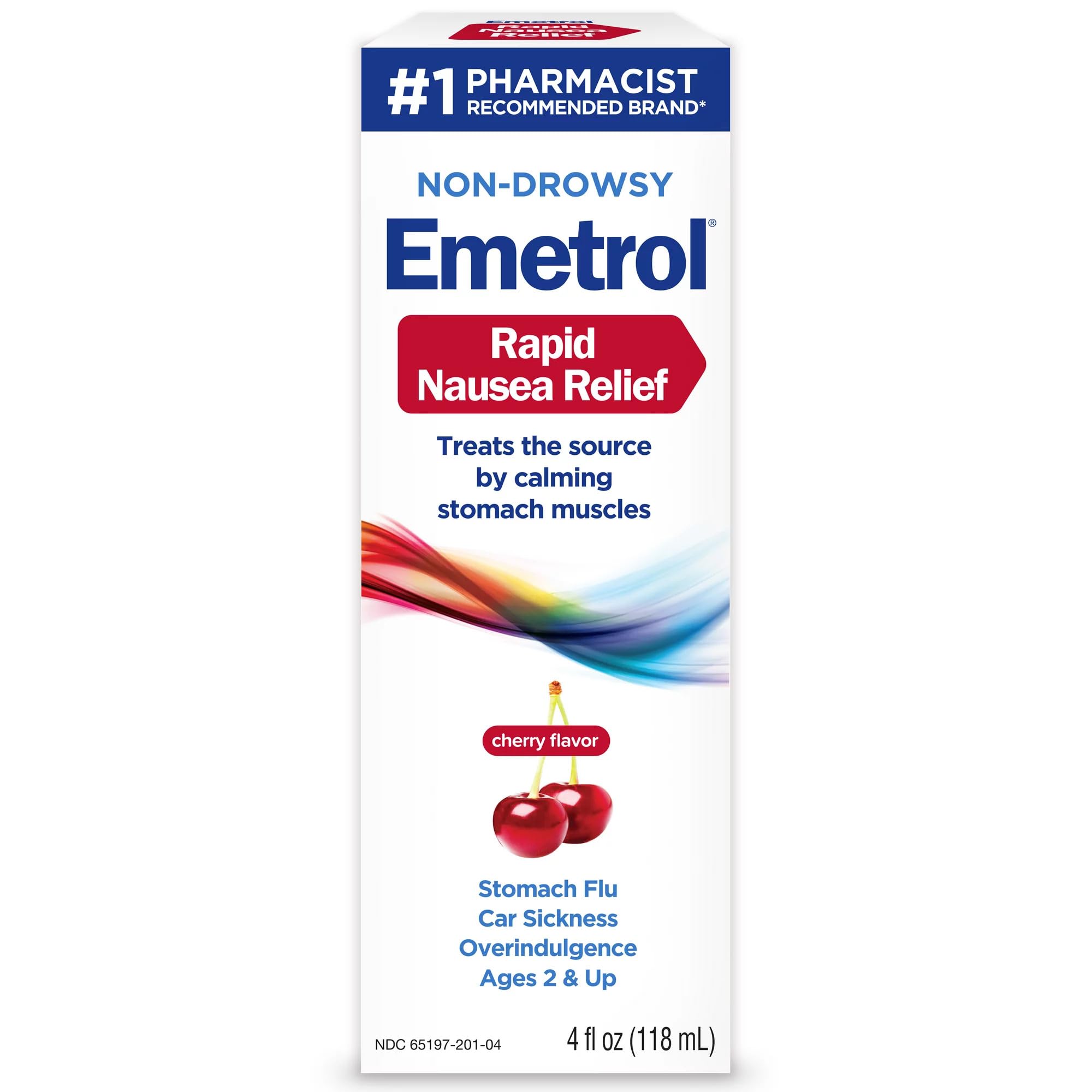 Emetrol Nausea Relief Liquid Cherry Flavor 4oz (Pack of 5) - Fast-Acting Motion Sickness & Upset Stomach Medicine for Adults & Kids - Perfect for Travel, Pregnancy, and Digestive Discomfort