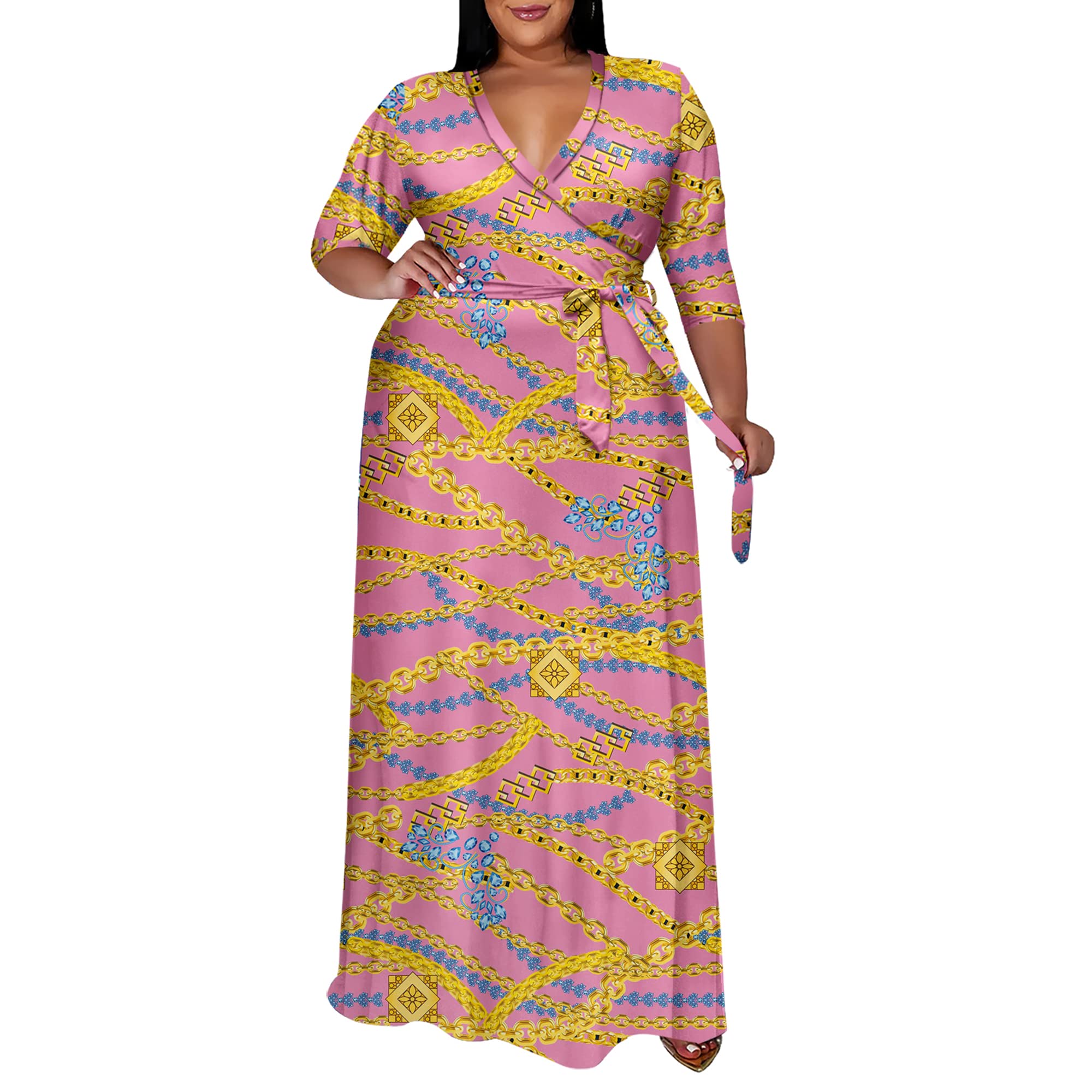 Runwind Women's Plus Size Floral Maxi Dress with 3/4 Sleeves & Belt - Flowy Summer Dress for Beach, Wedding & Casual Wear