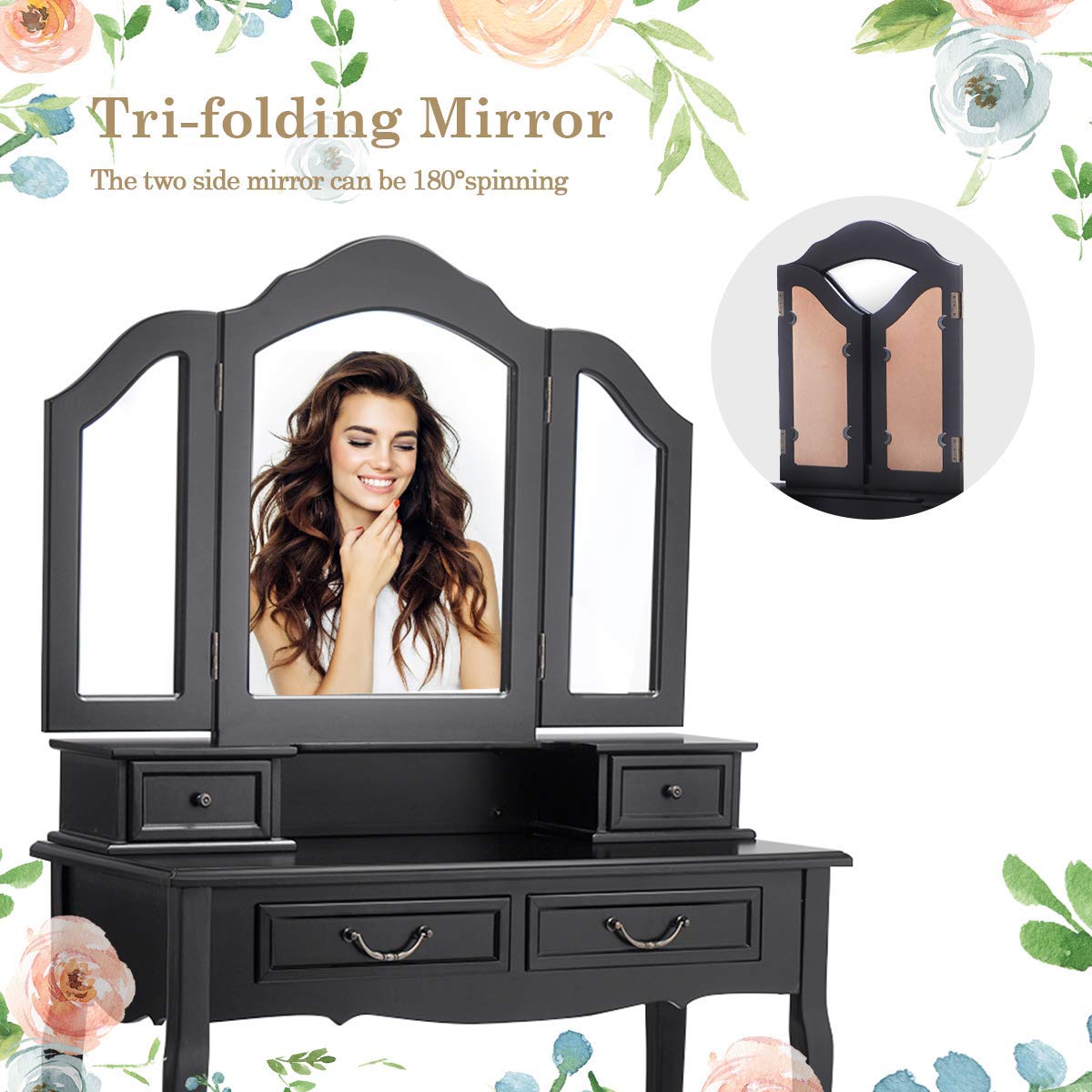 Vanity Table Set with Stool & Mirror - 4-Drawer Multifunctional Makeup & Writing Desk, Tri-Folding Mirror & Cushioned Stool - Perfect for Home Bedroom, Dressing Room & Beauty Salon (Black)
