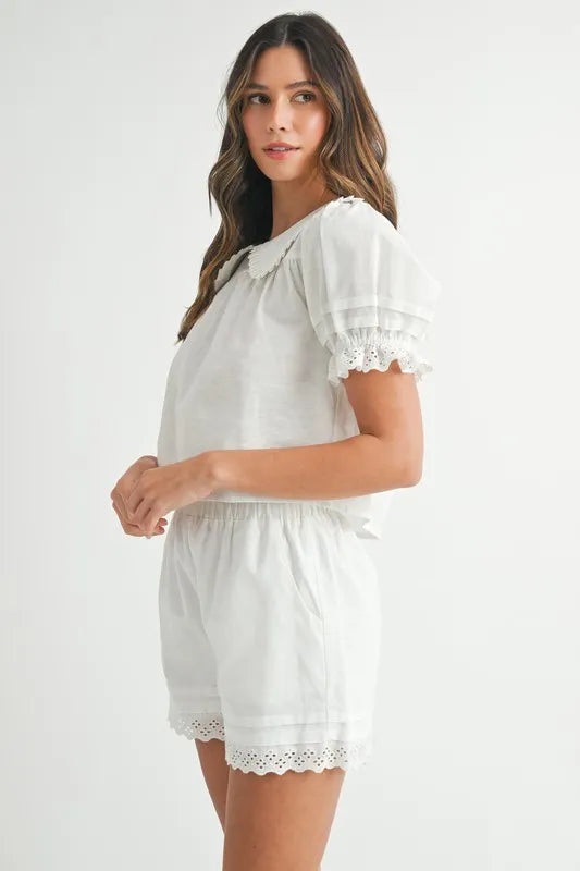 Peter Pan Collar Babydoll Blouse & Shorts Set - Vintage-Inspired Women's Outfit for Casual Wear, Date Night & Summer Fashion