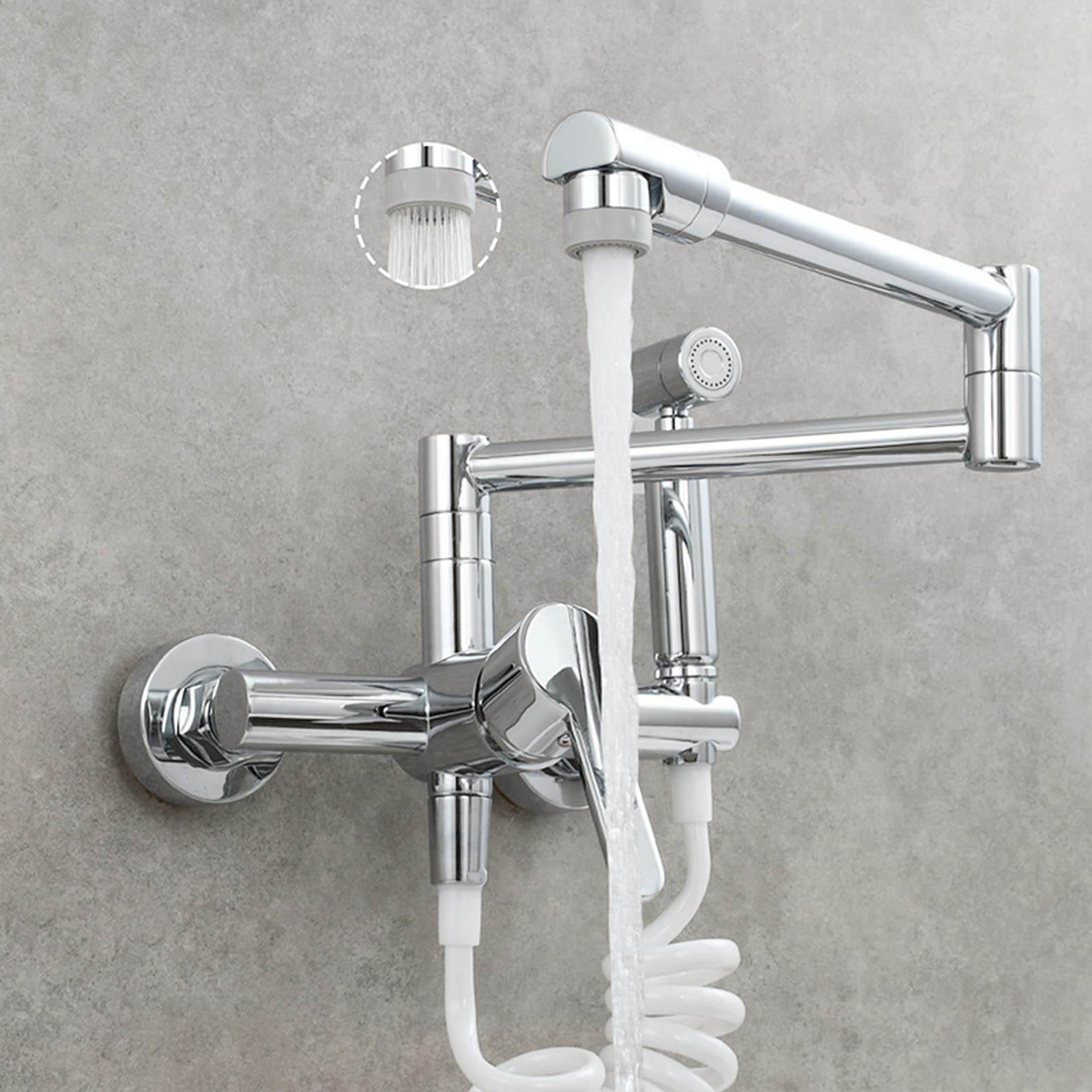 Commercial Brass Wall Mount Kitchen Faucet - Hot & Cold Water 2-Function Swing Arm Pot Filler with Folding Stretchable Double Joint - Chrome Finish for Restaurant & Home Kitchen Sink Installation