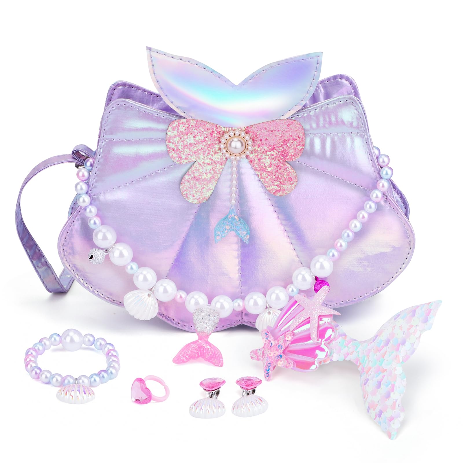 Belle&Birdie Little Girl Purse Set with Seashell Toys & 6-Piece Dress Up Jewelry - Pretend Play Accessories for Toddlers & Kids - Perfect for Birthday Gifts, Tea Parties & Dress-Up Play