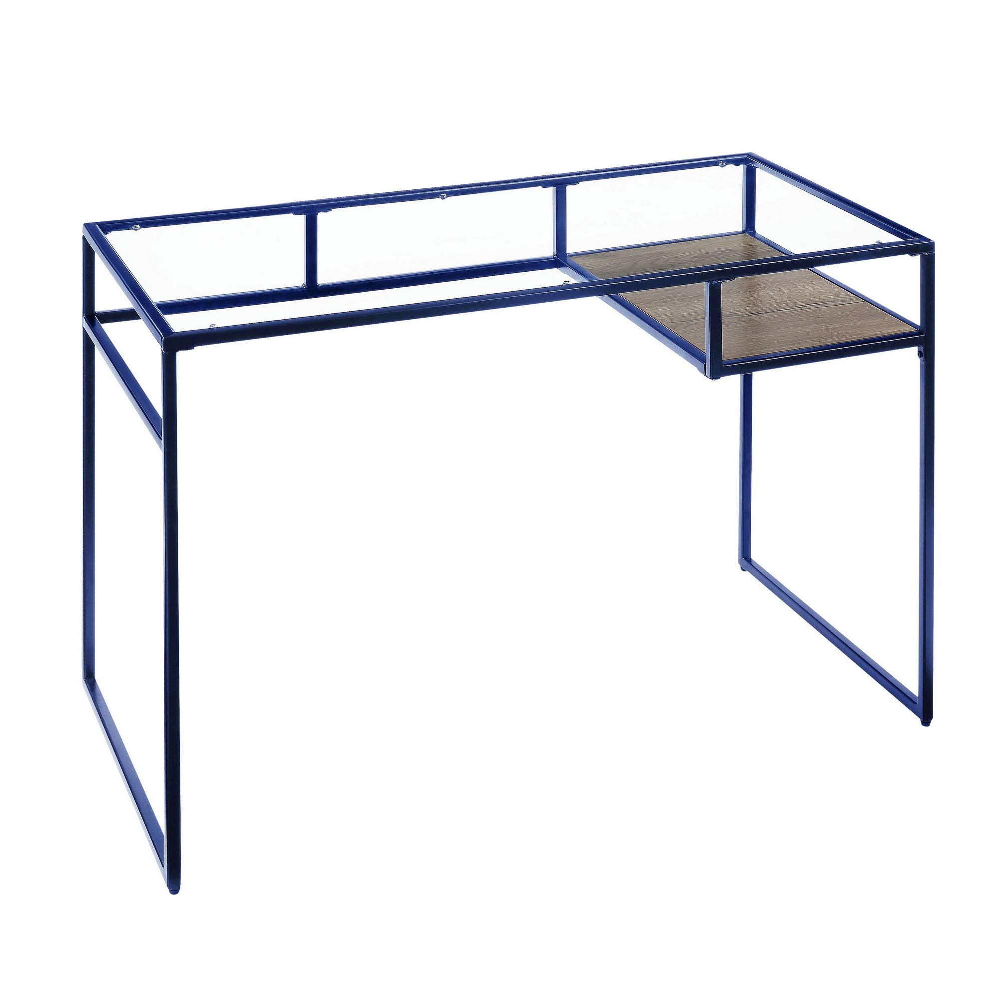 Benjara Modern Rectangular Glass Top Desk with Open Storage Compartment & Sturdy Sled Base - Blue Home Office Desk for Small Spaces & Contemporary Workspaces