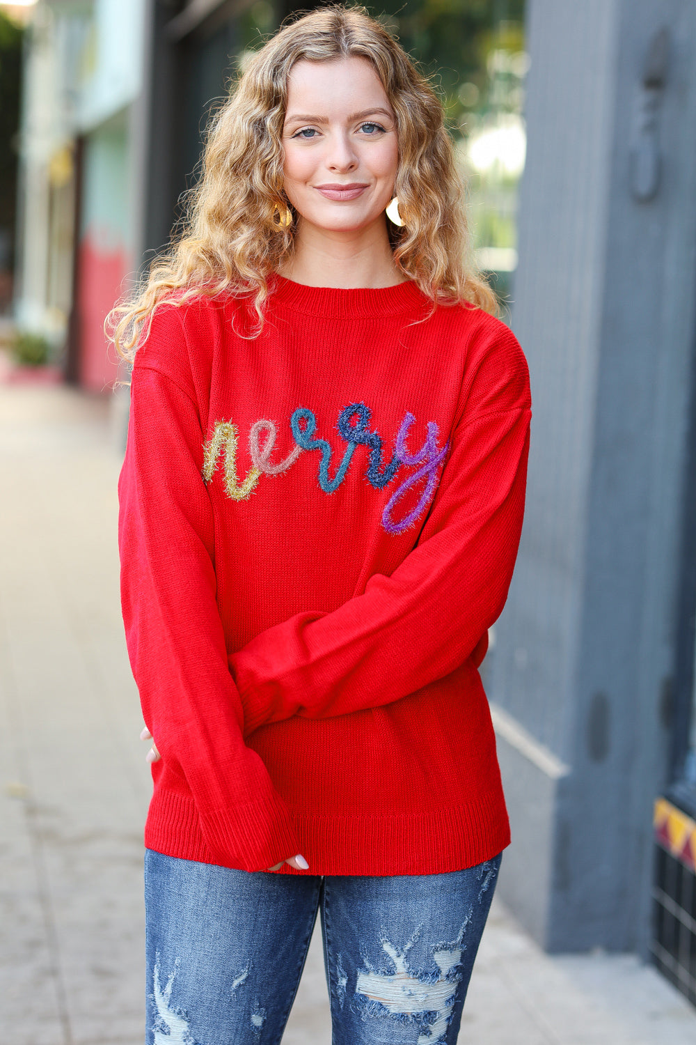 More The Merrier Red Pop Up Lurex Sweater - Women's Sparkly Holiday Party Knitwear for Christmas & New Year Celebrations