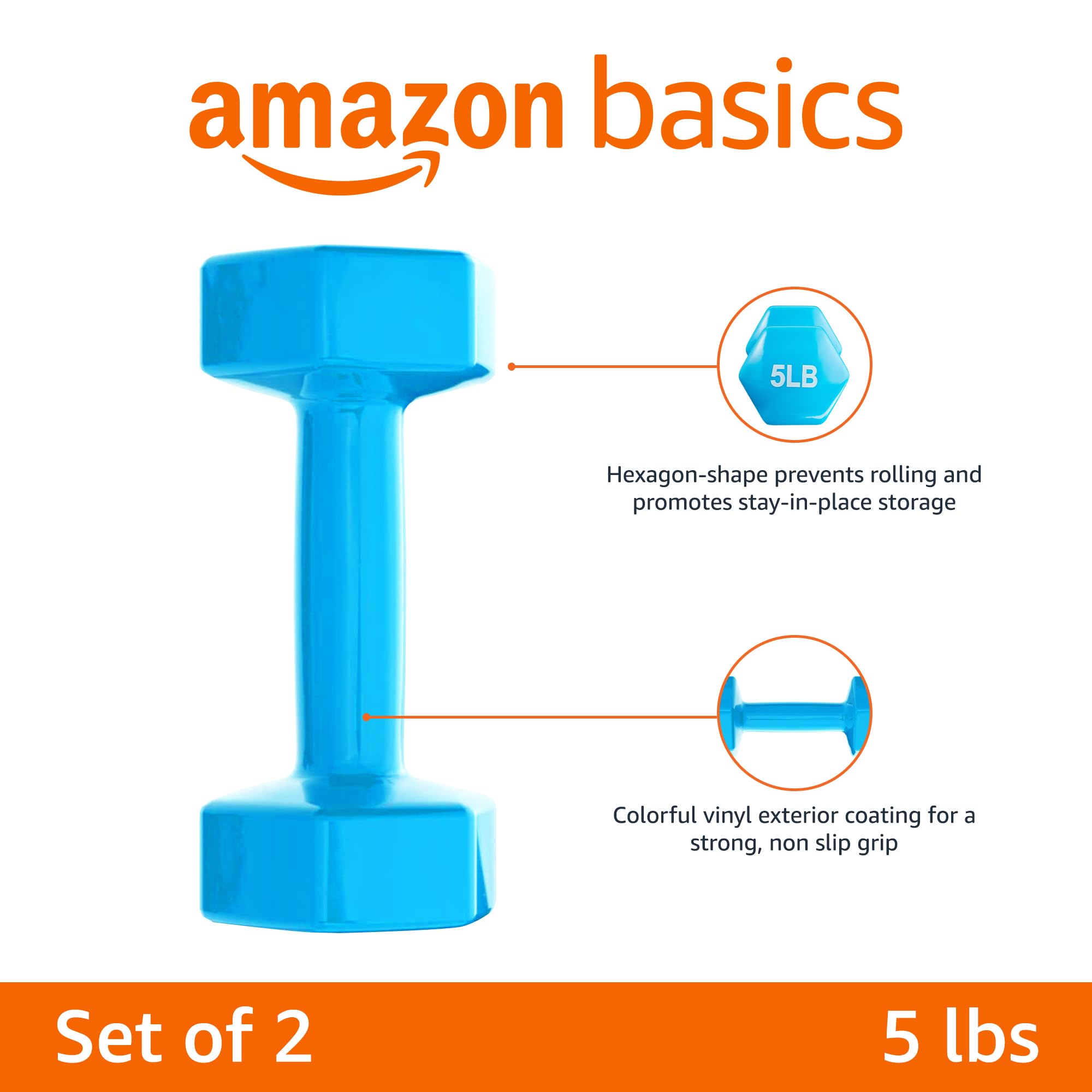 Amazon Basics Vinyl Coated Dumbbell Hand Weights - 5-50 lbs Set for Home Gym, Strength Training & Fitness Workouts | Non-Slip Grip, Durable Design for Men & Women