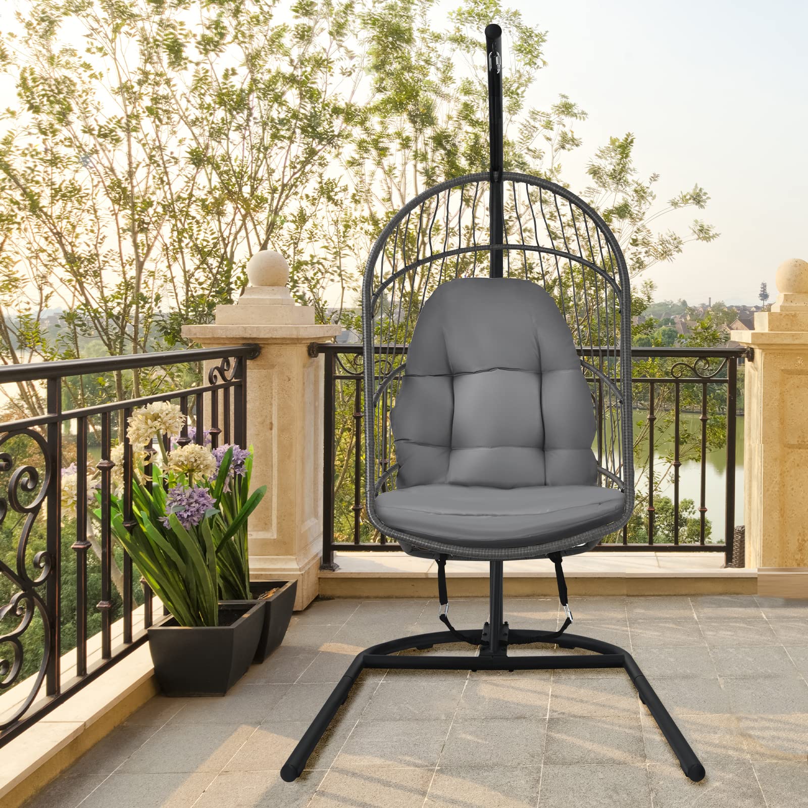 Giantex Foldable Hanging Egg Chair with Stand - Indoor/Outdoor Rattan Swing Chair with Cushions & C-Shaped Hammock Stand - Perfect for Bedroom, Balcony, Patio & Backyard Relaxation (Grey)