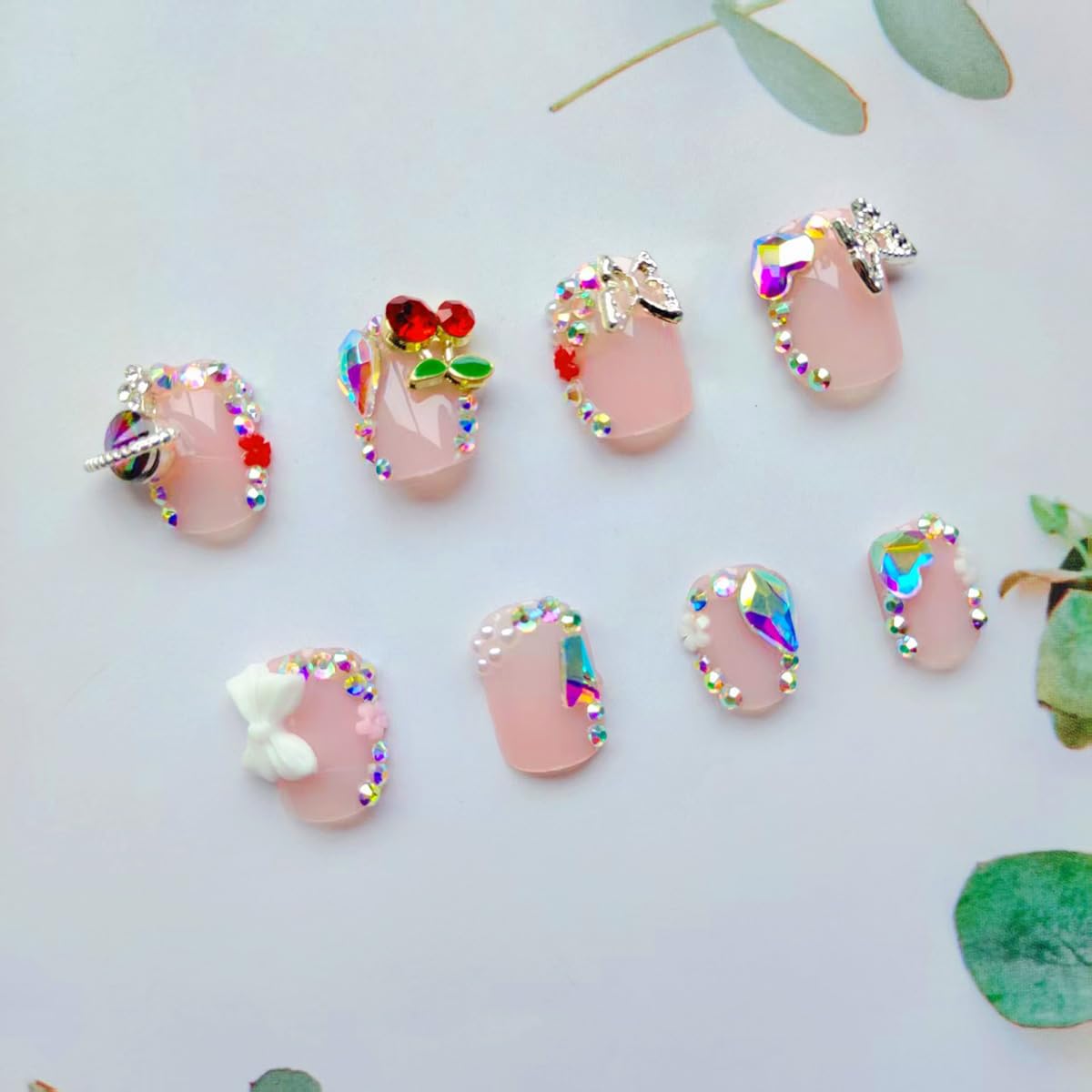 24Pcs Short Square Press on Nails with 3D Bow Charms - Pink Fake Nails with Butterfly Flower Designs, Rhinestones & Glossy Finish | Full Cover French Acrylic Nail Tips for Women | Perfect for Parties, Weddings & Everyday Wear