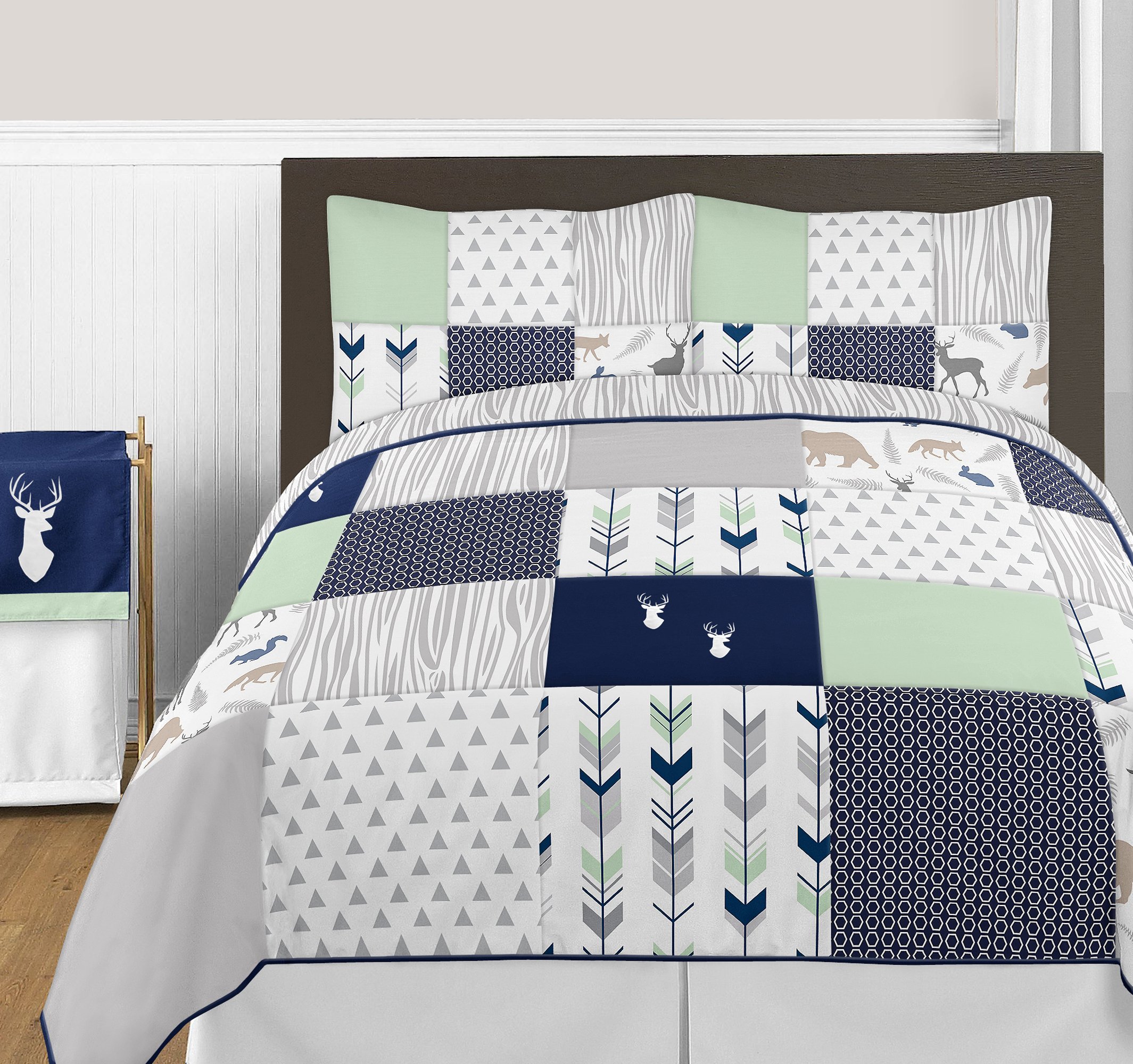 Sweet Jojo Designs Navy Blue, Mint & Grey Woodsy Deer Girls 3-Piece Full/Queen Bedding Set - Cozy & Stylish Bedroom Decor for Kids & Teens