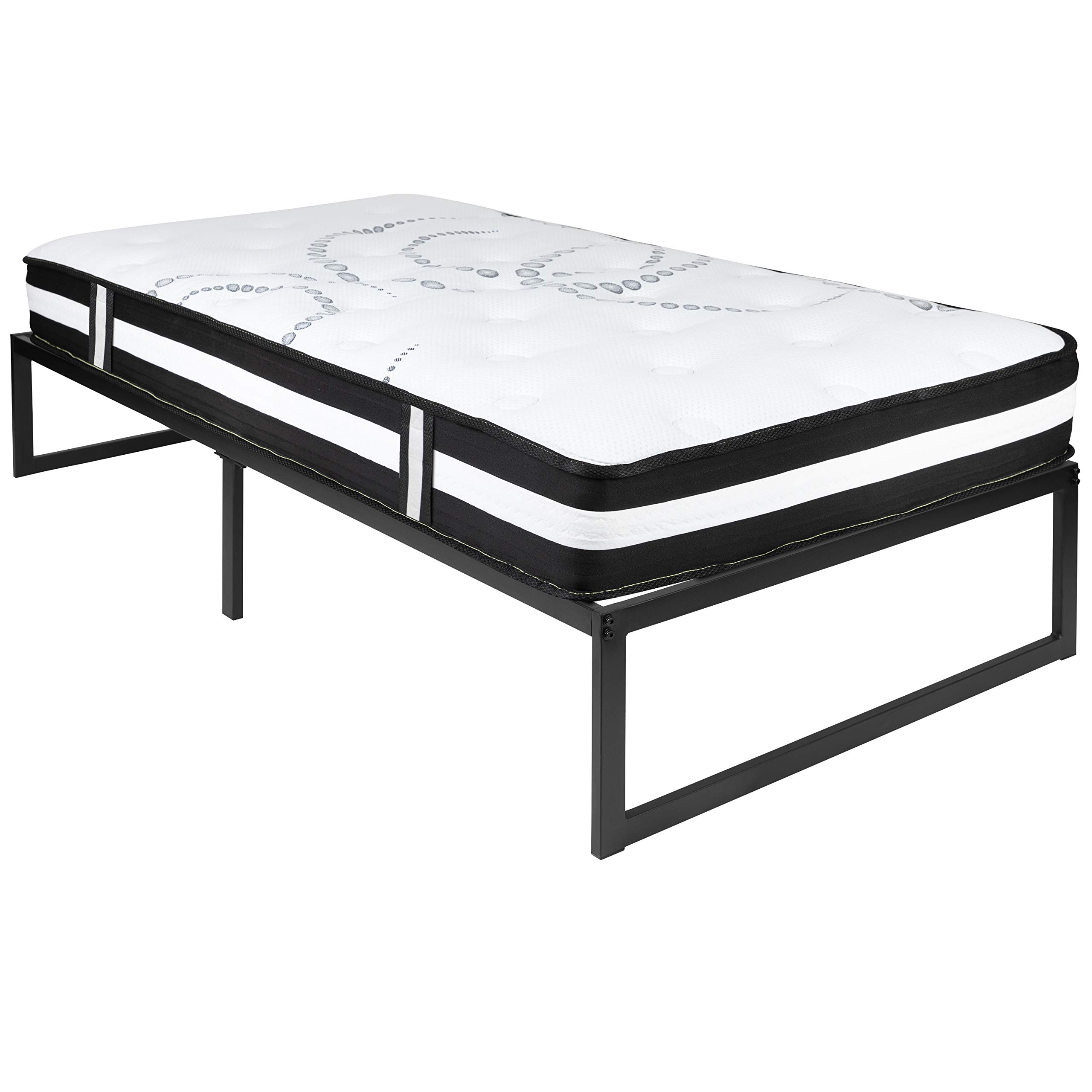 14 Inch Metal Platform Bed Frame with 12 Inch Pocket Spring Mattress in a Box - Twin Size, No Box Spring Needed | Perfect for Small Spaces, Guest Rooms & Dormitories