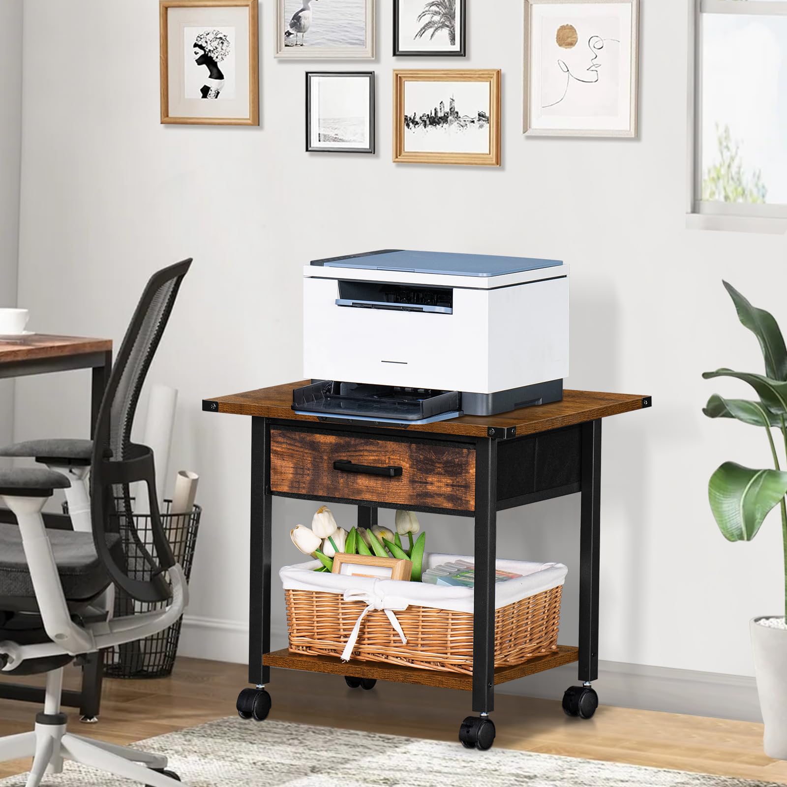 Lerliuo 2-Tier Under Desk Rolling Printer Stand with Storage Drawer & Shelf - Industrial Mobile Printer Cart with Lockable Wheels & Steel Frame - Compact Printer Holder for Home Office Workspace (Brown) - Perfect for Small Spaces & Shared Workstations