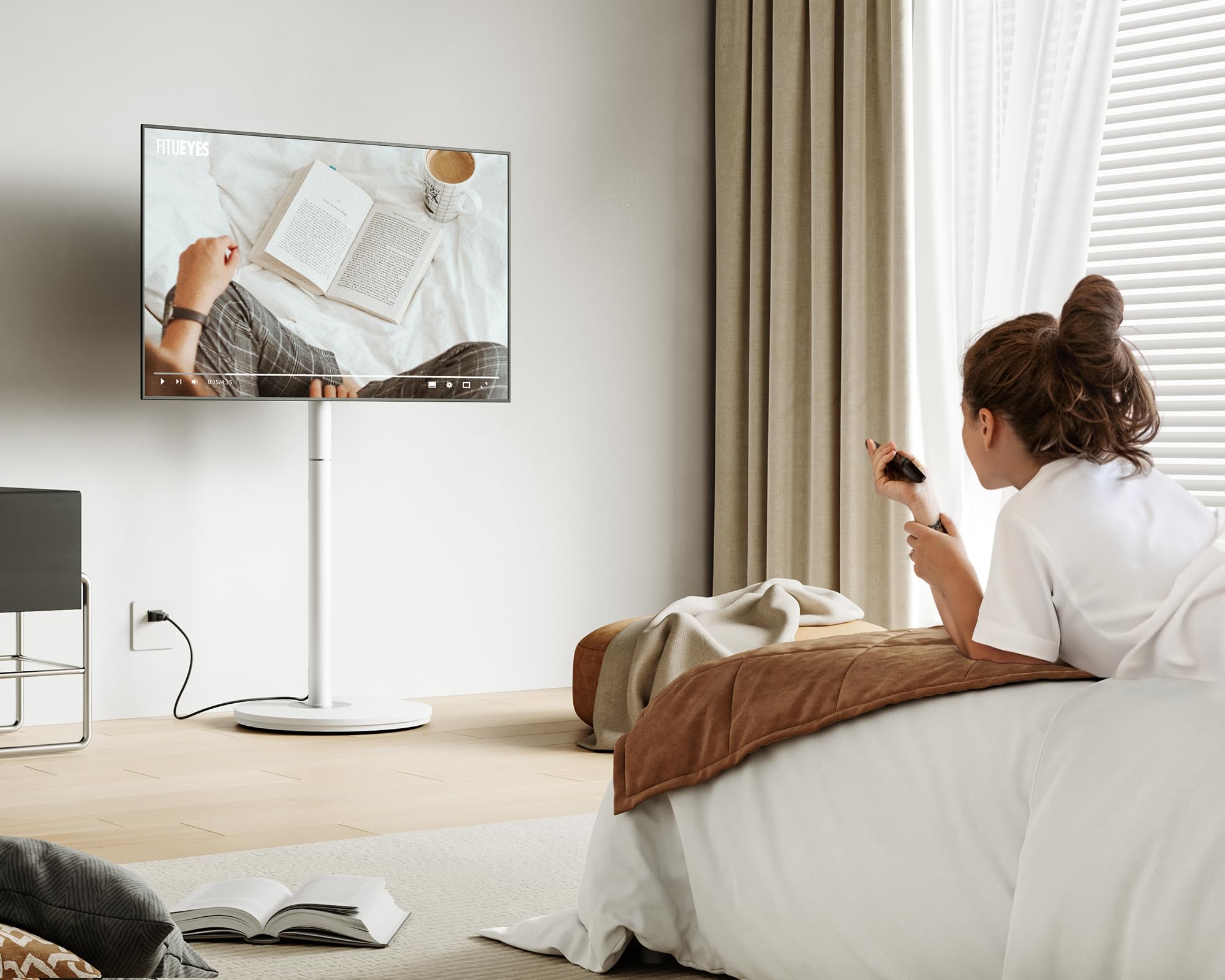 FITUEYES Mobile Rolling TV Stand Cart for 32-65 Inch TVs - Adjustable Modern Corner TV Floor Stand with Wheels - Fits VESA 400x400mm - White Master Series - Perfect for Living Rooms, Bedrooms & Home Theaters