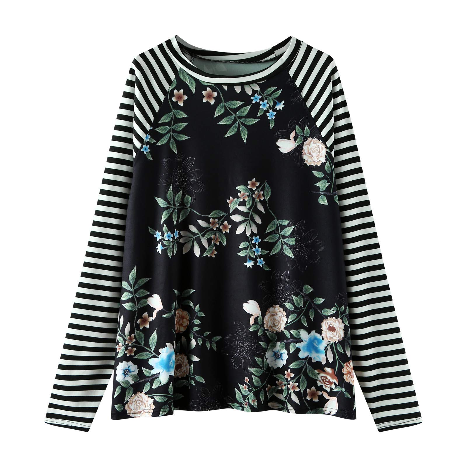 Women's Long Sleeve Striped Workout T-Shirt - Floral Round Neck Casual Blouse with Stitching Details | Perfect for Gym, Yoga & Everyday Wear