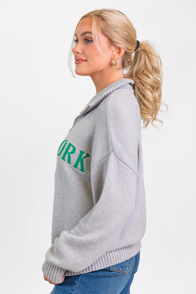 New York Embroidered Quarter Zip Sweater - Grey & Green Pullover for Men & Women | Cozy Casual Wear for Fall & Winter | Perfect for Outdoors, Travel & Street Style