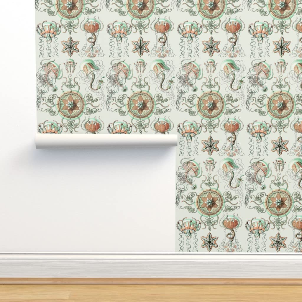 Premium Commercial Grade Wallpaper Swatch - Jellyfish Starfish Nautical Ocean Sea Life Aquatic Illustration Beach Pastel Traditional Wallpaper by Spoonflower | Perfect for Coastal Decor, Beach House Bedrooms & Bathroom Accent Walls