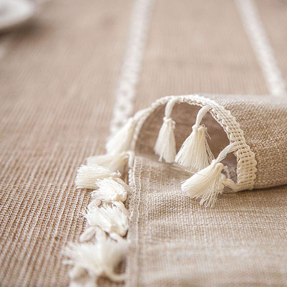 Premium Cotton Linen Embroidered Tablecloth with Tassel Trim - Light Coffee Rectangle Table Cover 55x86 Inch for Dining Room, Kitchen, Party & Home Decor - Perfect for Holiday Gatherings, Weddings and Everyday Use