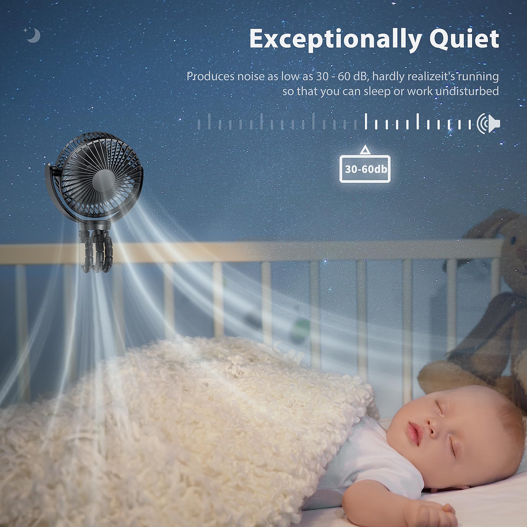Dorobeen Portable Stroller Fan with 5000mAh Rechargeable Battery - 3-Speed Baby Stroller Fan for Travel, Car Seat, Office Desk & Outdoor Activities | Cooling Solution for Hot Weather, Infant Comfort & Nursery Use