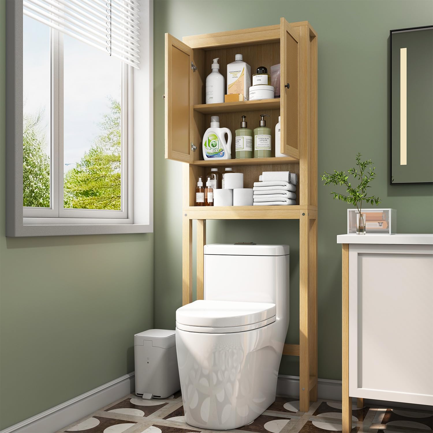 Rattan Over The Toilet Storage Cabinet - Adjustable Shelf Bathroom Organizer | Space Saving Behind Toilet Cabinet for Bathroom, Laundry & Restroom | Natural Wood Rack for Toilet Paper, Towels & Bath Essentials