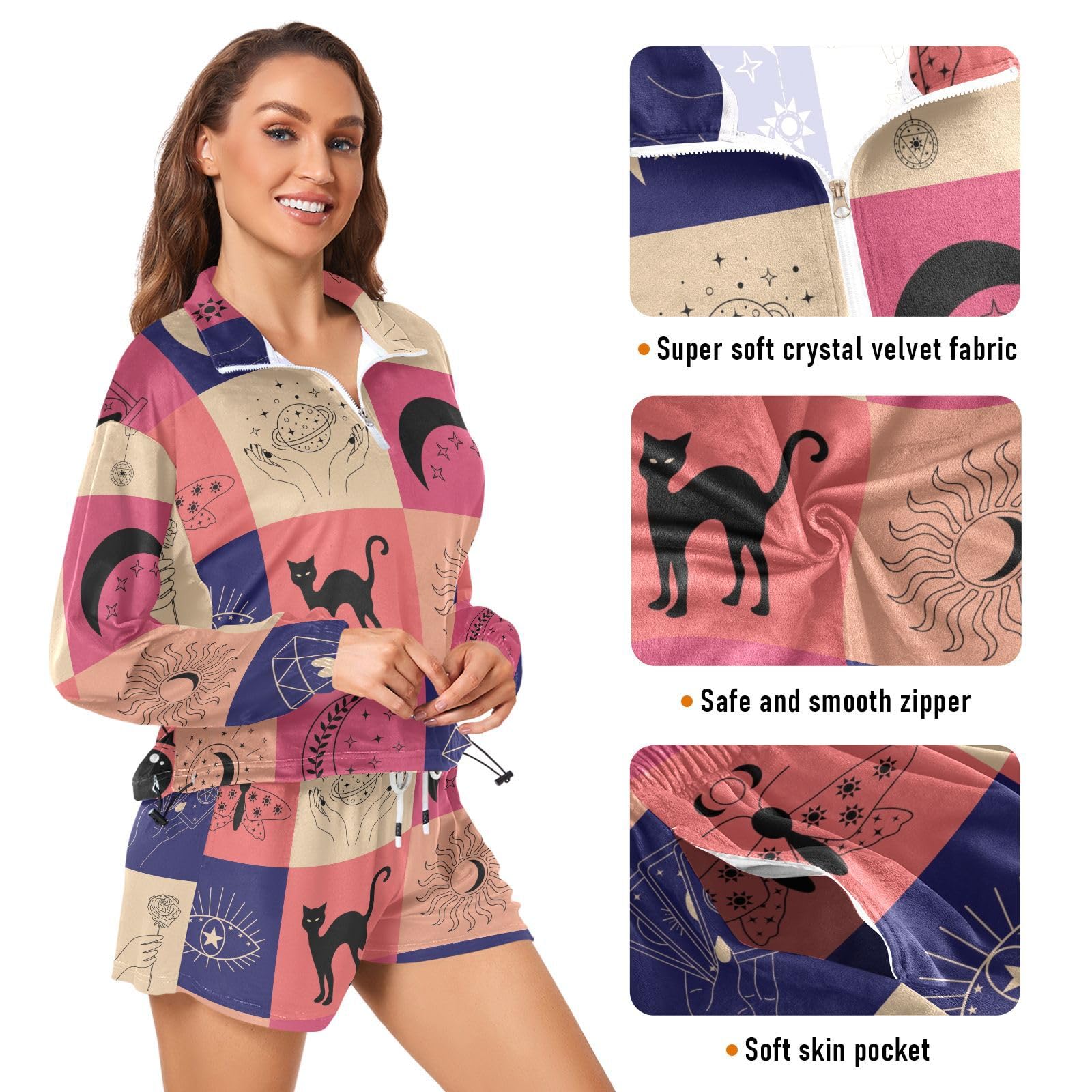 Women's Casual Sweatshirt and Lounge Shorts Set - Mystical Elements Print, Comfortable Loungewear for Yoga, Home Relaxation & Weekend Outings