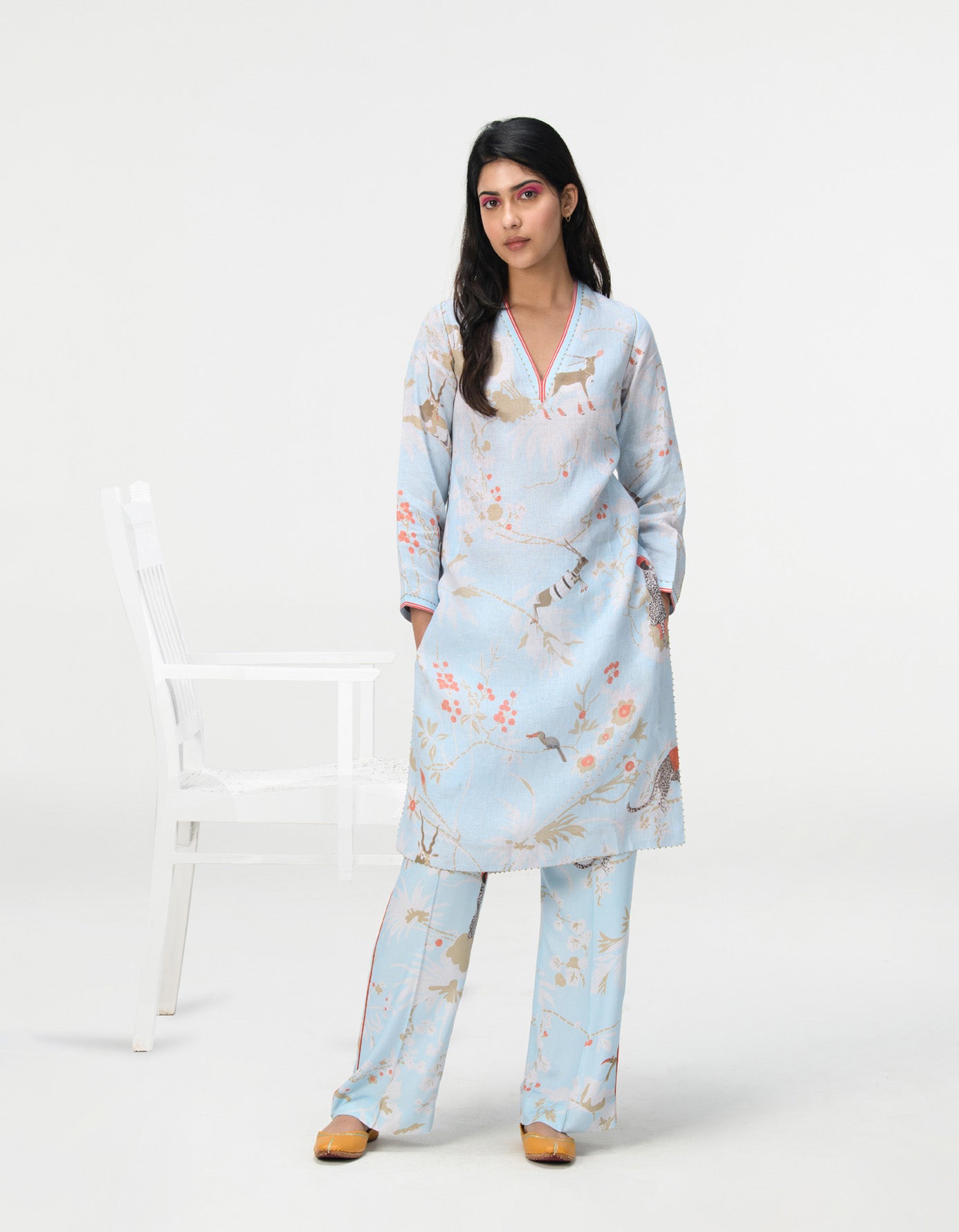 Stylish V Neck Kurta in Breathable Linen Fabric - Ice Blue Color for Men | Perfect for Summer Wear, Casual Outings & Ethnic Fashion