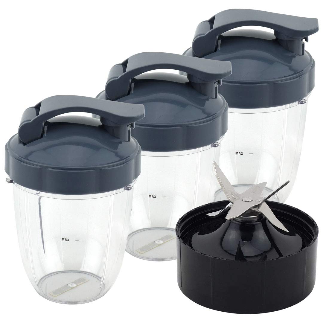 3 Pack 18 oz Short Cups with Flip To Go Lids + Extractor Blade - Compatible with NutriBullet Lean NB-203 1200W Blender - Perfect for Smoothies, Protein Shakes & Meal Prep On The Go