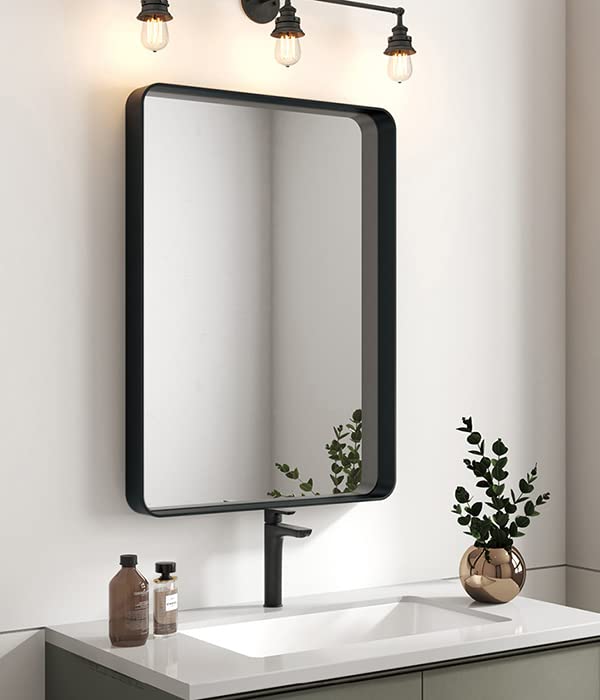 Modern Black Frame Bathroom Mirror for Wall - 30 x 22 Inch Rectangle Round Vanity Mirror with Matte Finish, Farmhouse Style - Perfect for Bathroom, Bedroom, and Entryway Décor