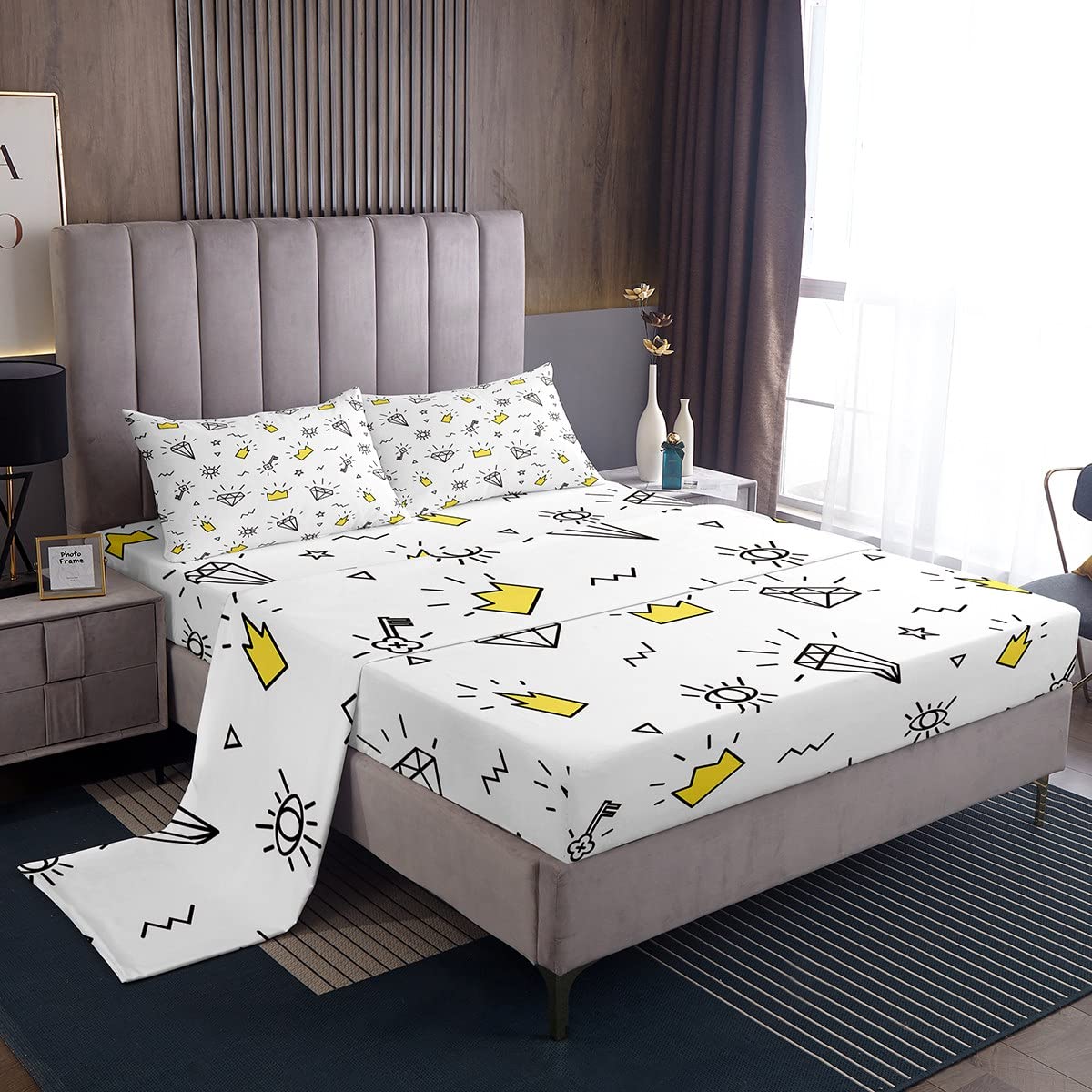 Diamond Geometry Kids Bed Sheets Set - 3 Piece Yellow Crown & Boho Eyes Design with Deep Pocket Fitted Sheet, Stars Flat Sheet & Pillow Sham - Twin Size for Boys' Bedroom Decor | Soft & Comfortable for Daily Use
