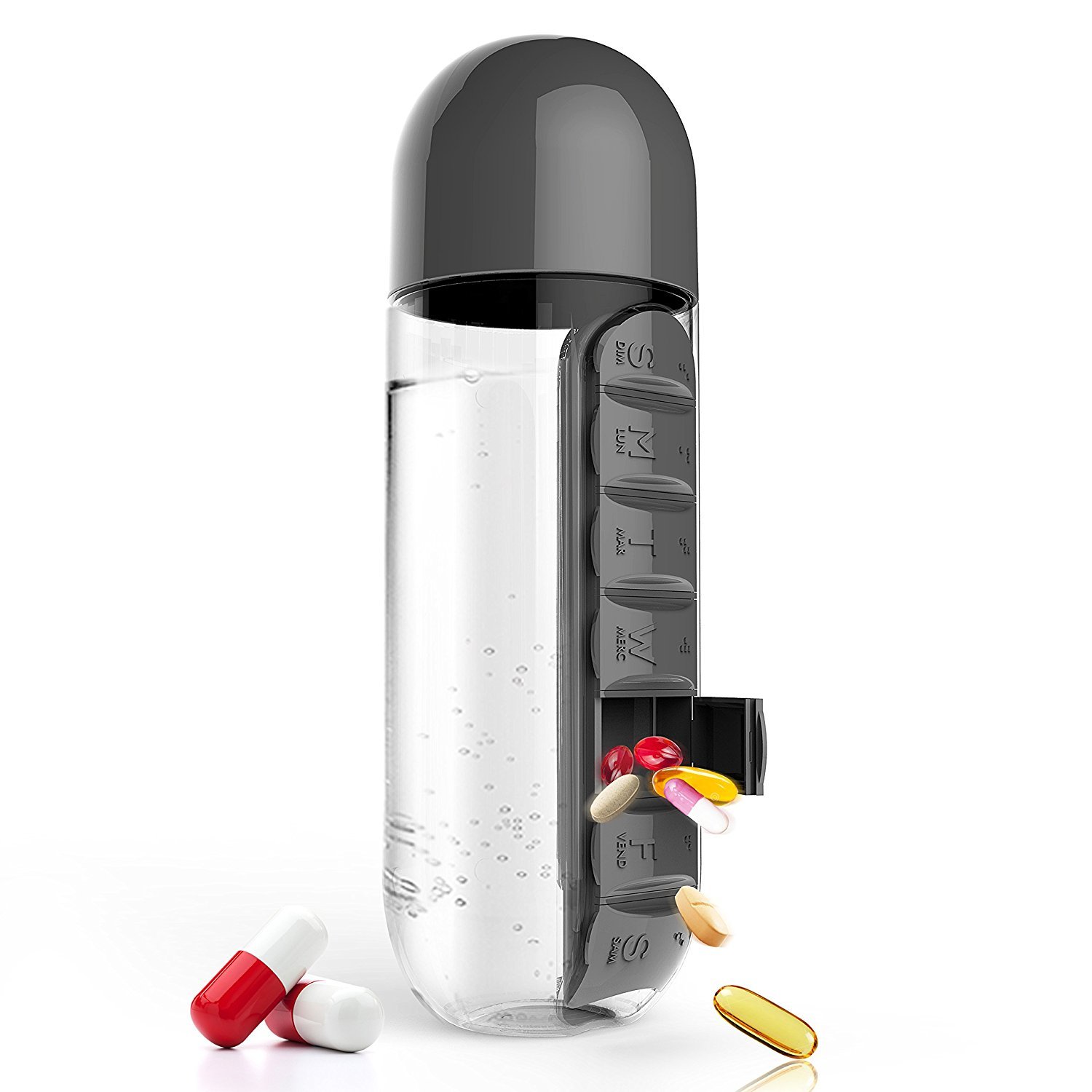 Portable 600ML 7-Day Pill Organizer Water Bottle with Storage - Perfect for Office, Travel, Gym & Outdoor Activities | Black