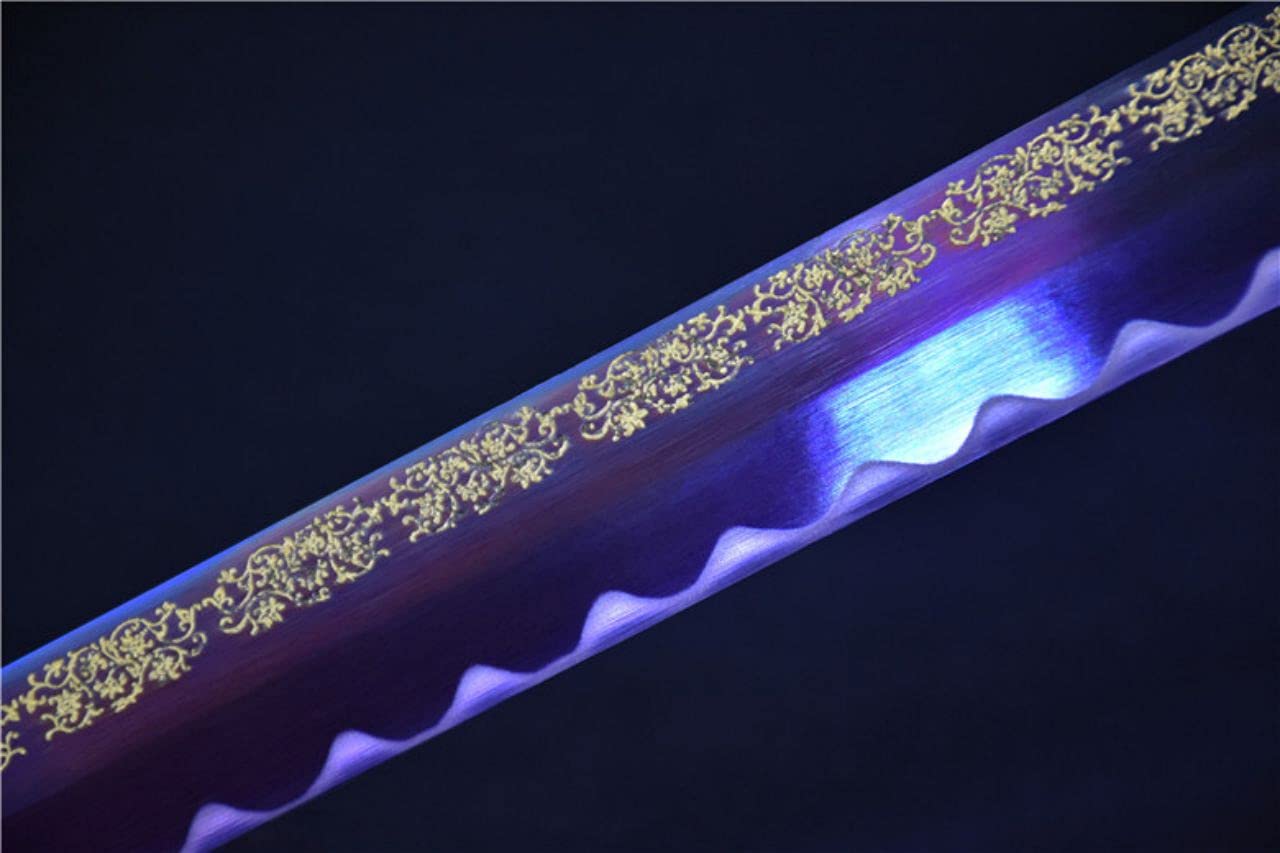 Purple Ninja Wakizashi - High Carbon Manganese Steel Japanese Samurai Sword with Full Tang Construction, Razor Sharp Blade & Gold Floral Engravings | Authentic Middle-Length Katana for Martial Arts Training, Cosplay & Collectors | Perfect for LARP, Display & Japanese Sword Enthusiasts