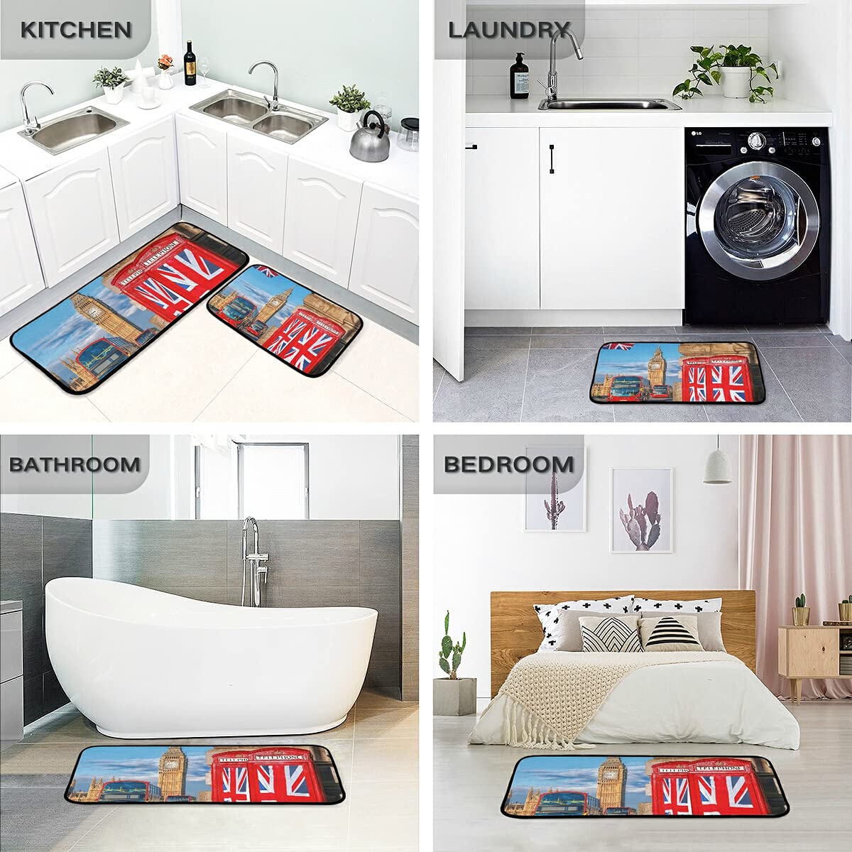 British Union Jack Flag Kitchen Rugs Set of 2 - Non-Slip Washable Floor Mats for Sink Area, Laundry Room & Office - UK Themed Home Decor for London Fans