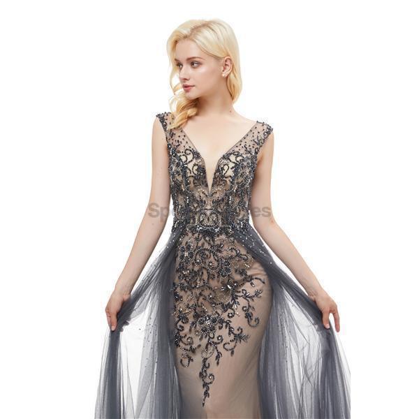 Elegant Grey V-Neck Open Back Beaded A-Line Evening Prom Dress for Women - Perfect for Formal Parties, Homecoming, and Special Occasions