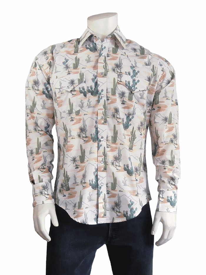 Vintage Western Shirt for Men | Rockmount 6873 Desert Cactus Print | Cowboy Style Button Up Shirt for Country Music Festivals & Rodeo Events