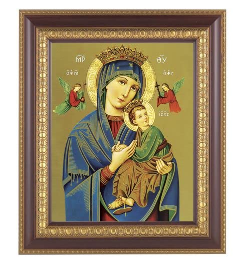 Religious Wall Art Decor - Our Perpetual Help Framed Picture with Dark Cherry & Gold Egg Dart Frame - Perfect for Home, Church & Office Decor