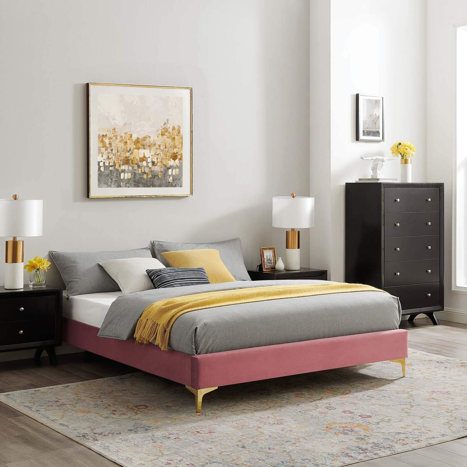 Modway MOD-6275-DUS Sutton Queen Size Bed Frame with Performance Velvet Upholstery in Dusty Rose - Luxurious Bedroom Furniture for Modern Home Decor