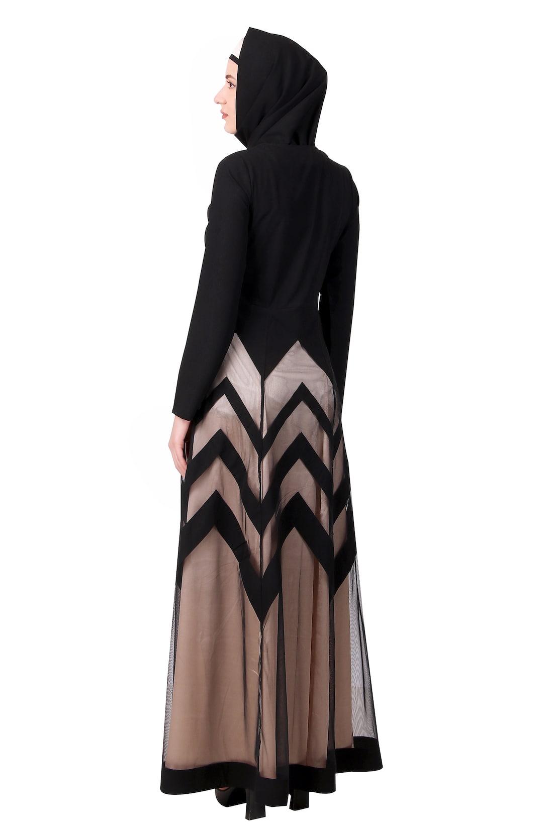 Elegant Designer Zig Zag Pattern Nida & Net Abaya - Modest Islamic Dress for Women - Perfect for Prayer, Eid, and Special Occasions