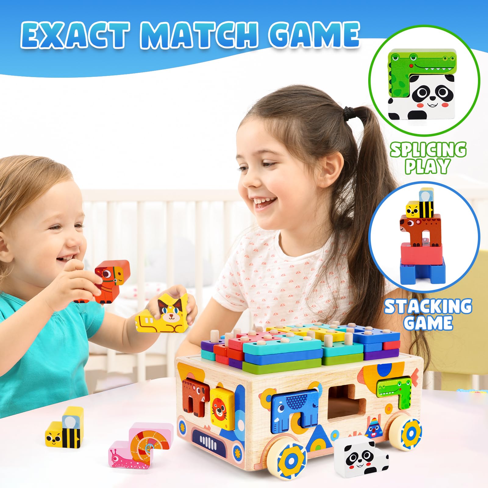 Montessori Wooden Building Blocks for Toddlers 2-3 Years Old - Educational Shape Sorting & Stacking Toys with Animal Designs - Perfect Christmas & Birthday Gifts for Boys & Girls - Ideal for Early Learning, Preschool Activities & Sensory Play