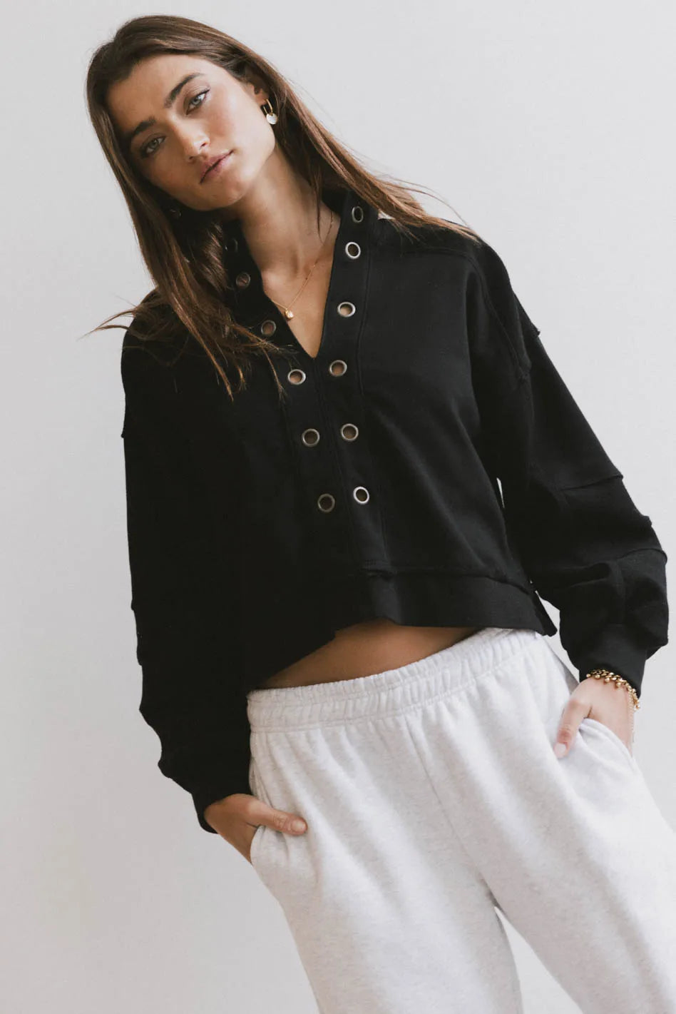 Maxfield Grommet Top in Black - Women's Fashion Blouse with Eyelet Details | Perfect for Casual Outings, Office Wear & Summer Outfits