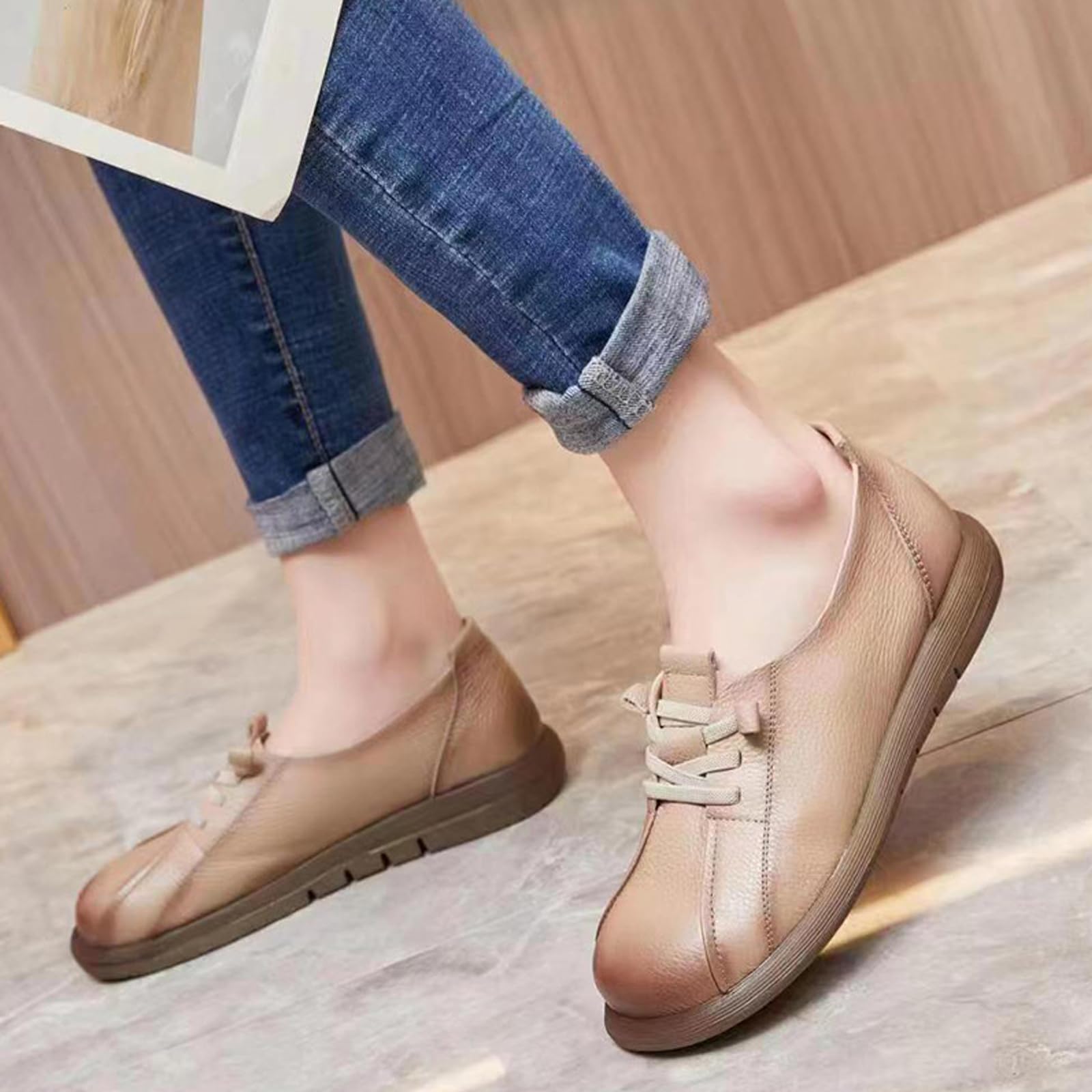 Women's Comfortable Leather Loafers - Soft Sole Slip-On Walking Shoes with Round Wide Toe & Non-Slip Design | Lightweight Casual Shoes for Mom | Perfect for Outdoor, Work & Everyday Wear