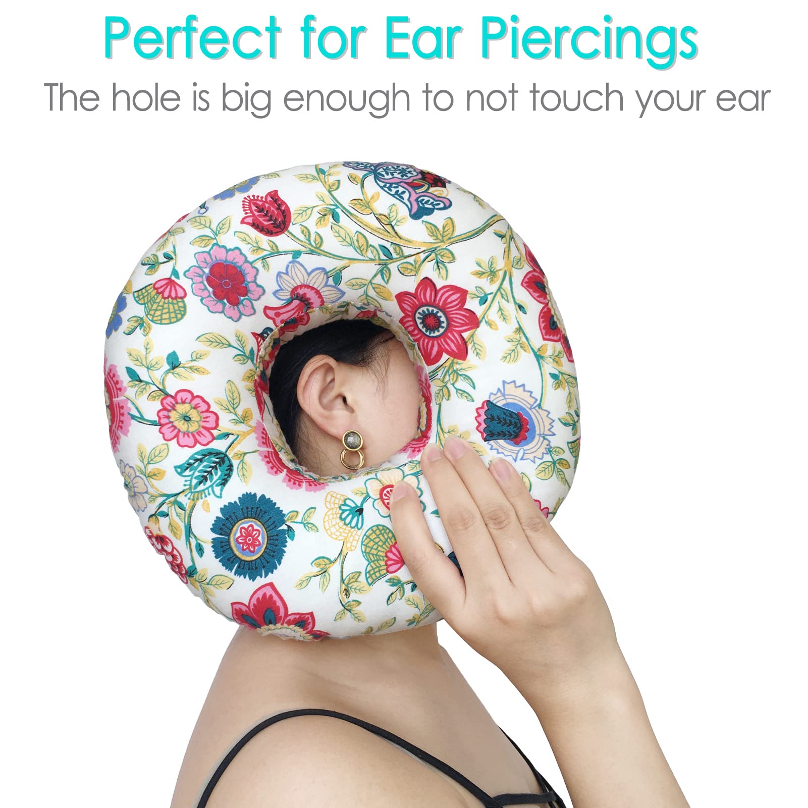 Floral Print Donut Ear Pillow with Hole - Comfortable Piercing Pillow for Ear Pain Relief, Pressure Sore Prevention & Side Sleepers - Perfect for Sleeping with Earrings or Headphones (Sunflower Design) - Ideal for Post-Piercing Care, Travel & Home Use