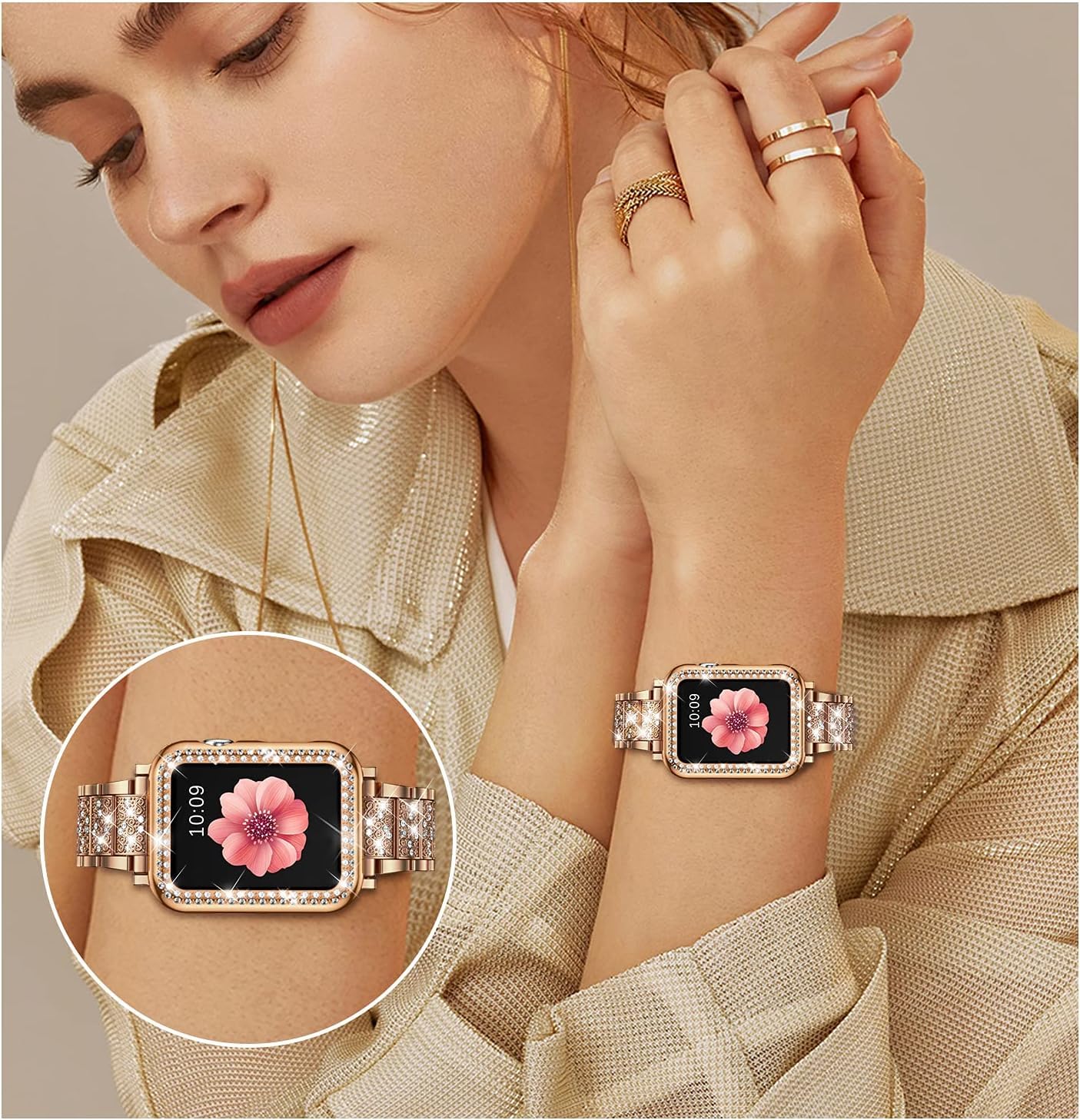 SUPOIX Luxury Bling Diamond Metal Band & 2 Pack Protective Case for Apple Watch Series 9/8/7 45mm - Champagne Gold | Elegant Women's Jewelry Watch Accessory for Daily Wear, Parties & Special Occasions