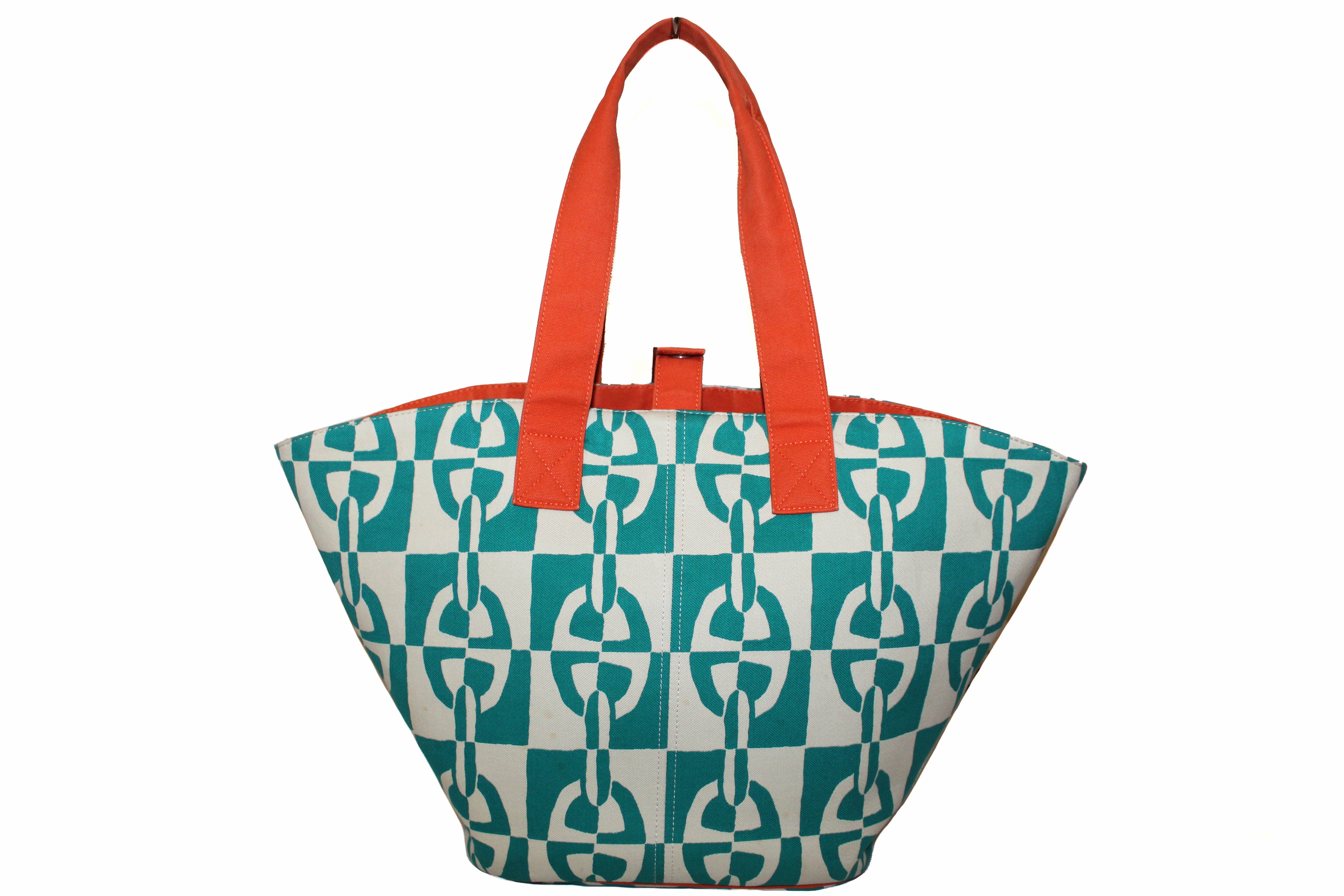 Authentic Hermes Orange with Green Canvas Chain De Ancre Beach Tote Shoulder Bag - Luxury Designer Handbag for Women, Perfect for Summer Vacations, Beach Trips, and Casual Outings