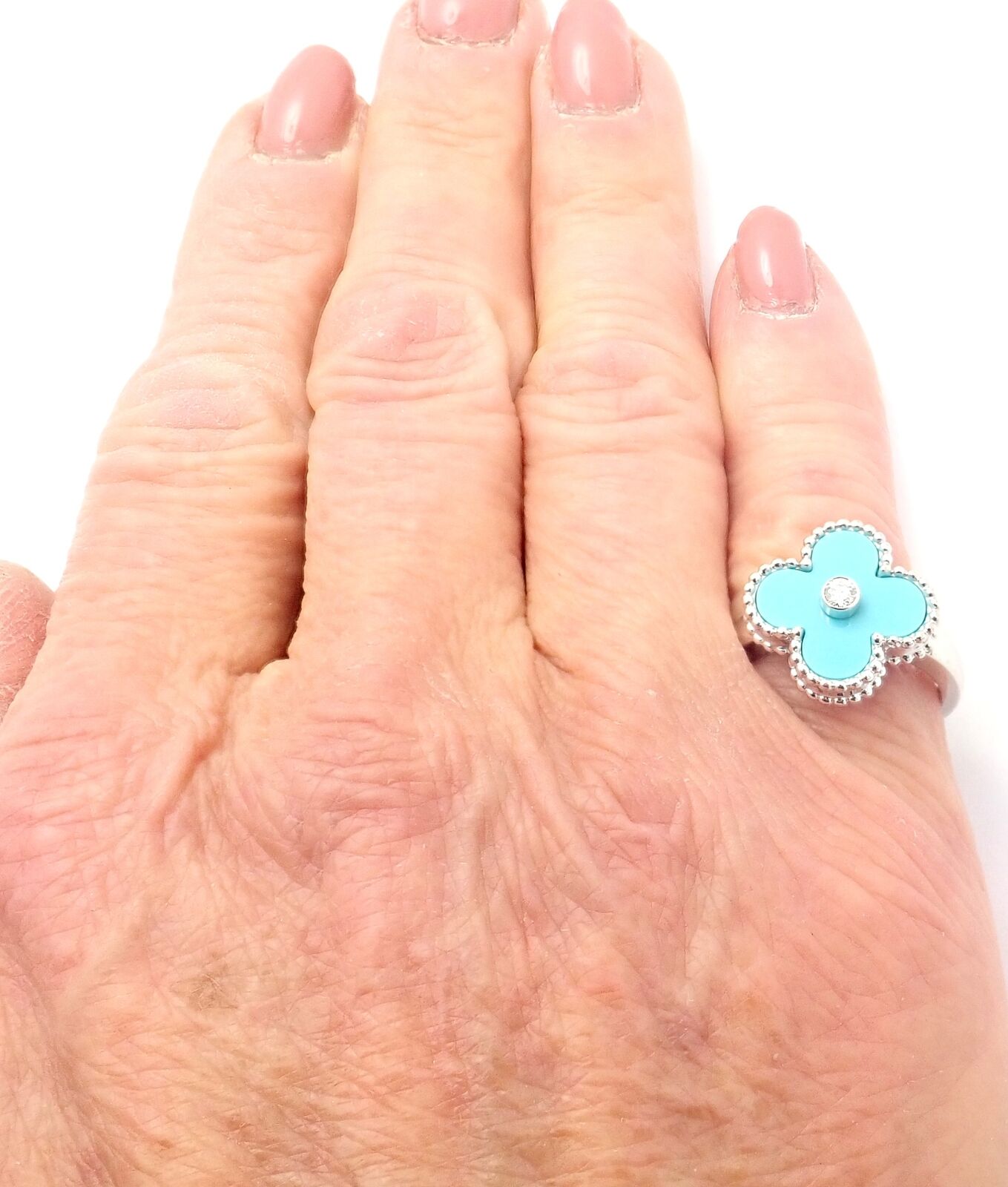 Authentic Van Cleef & Arpels Alhambra 18k Gold Diamond Turquoise Ring - Luxury Jewelry for Women, Elegant Statement Piece for Parties & Special Occasions