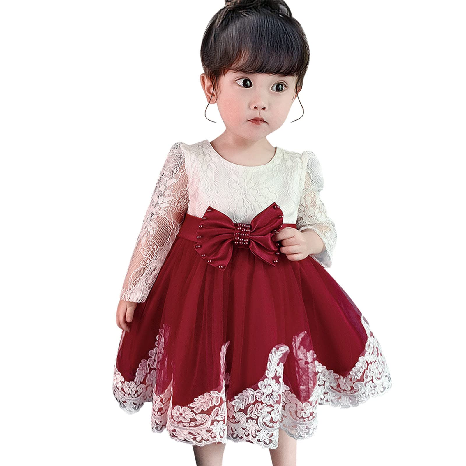 Baby Girls Ruffle Long Sleeve Lace Bowknot Flower Dress - Elegant Pageant Party Wedding Princess Gown for Infants | Perfect for Special Occasions, Photoshoots & Birthday Celebrations